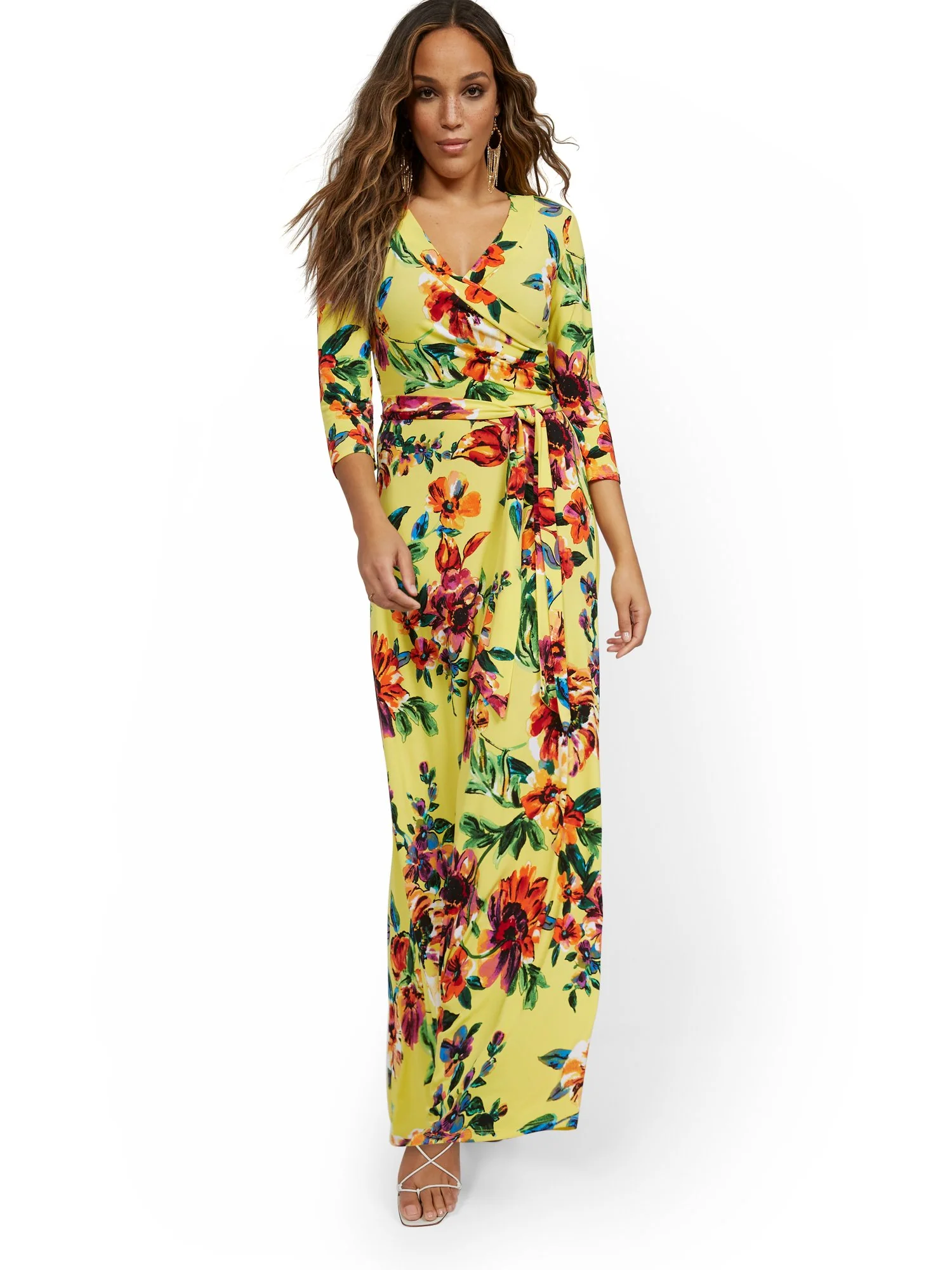 3/4-Sleeve Tie-Front Maxi Dress