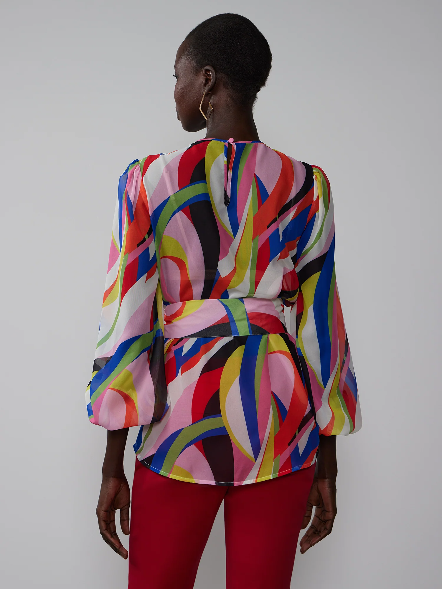 Abstract Crew Neck Tie Waist Blouse - Image 3
