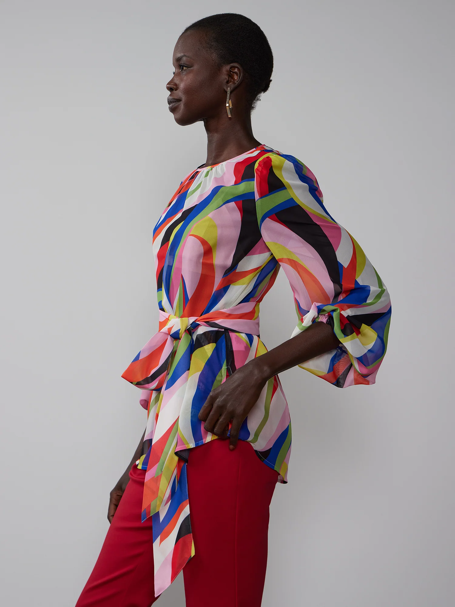 Abstract Crew Neck Tie Waist Blouse - Image 4