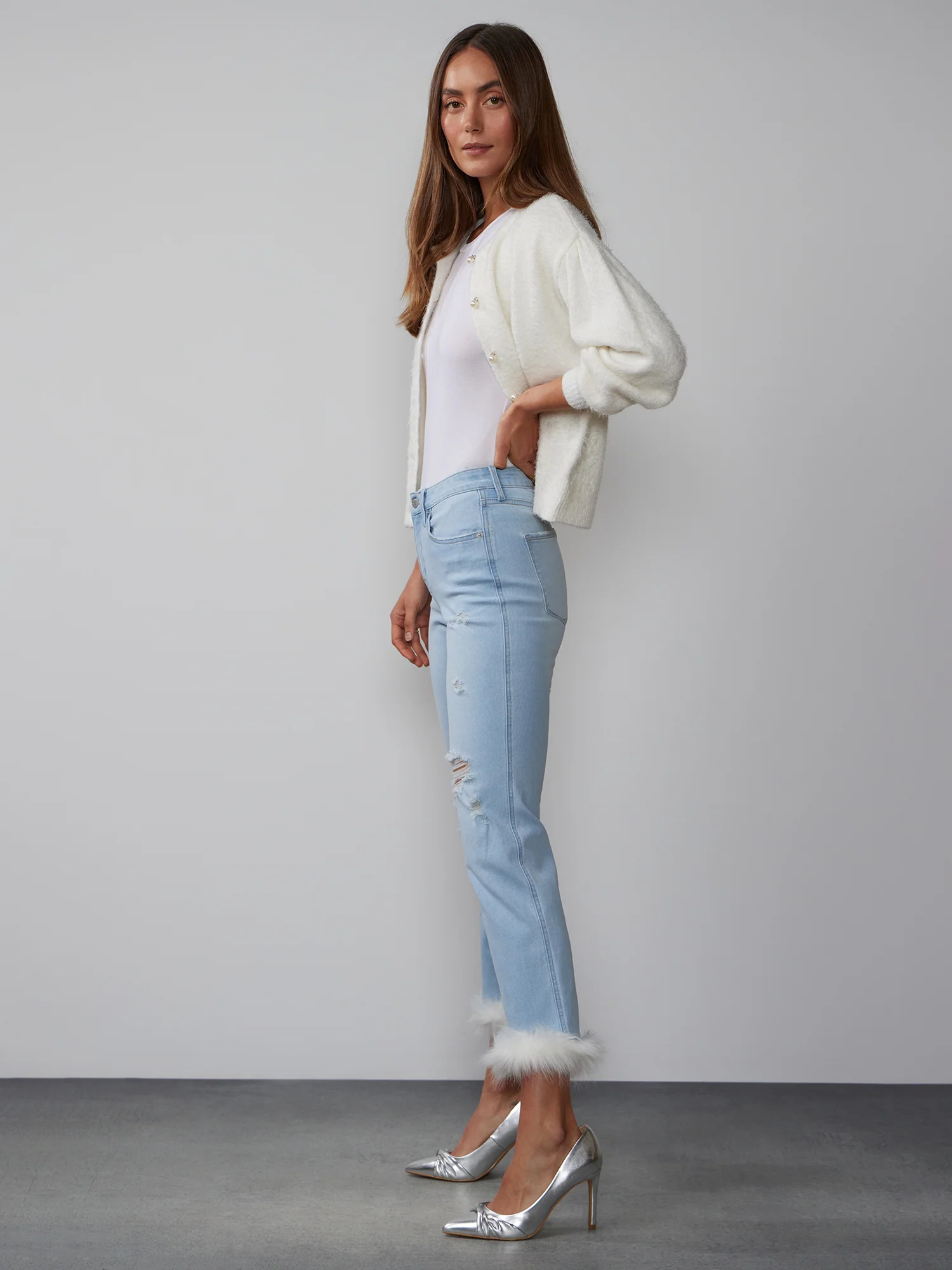 High Rise Fur Hem Skinny Jeans - Image 6