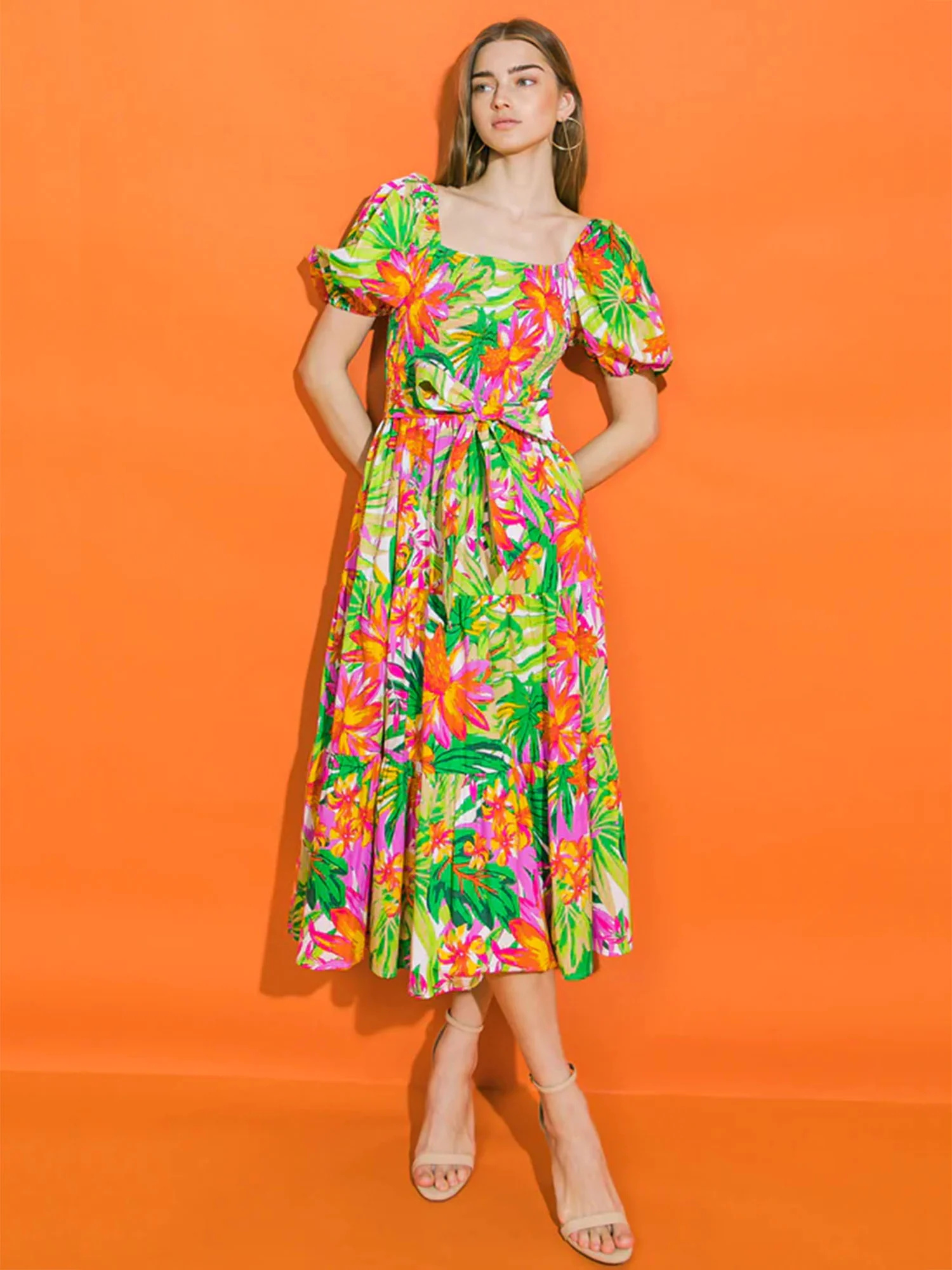 Floral Printed Shirred Tiered Waist Bow Dress - Flying Tomato