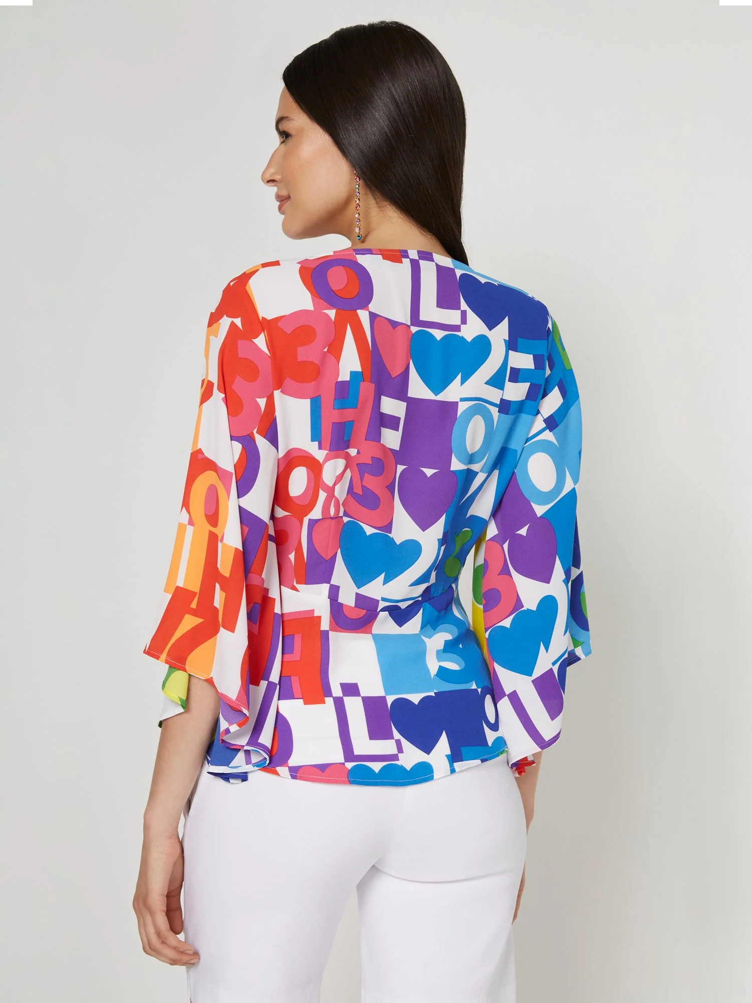 Abstract Love-Print Drama-Sleeve Twist-Front Top - Image 3