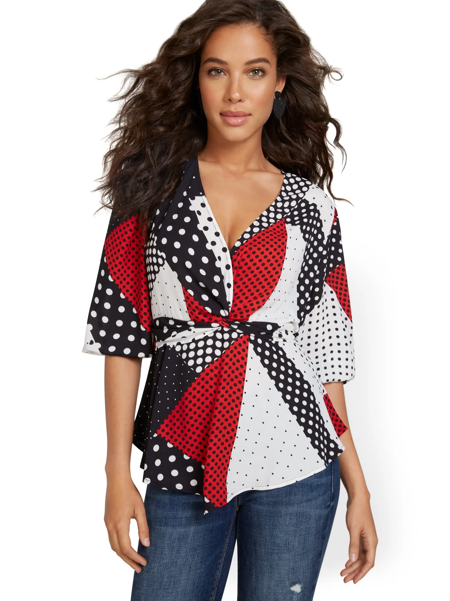 Abstract-Print Balloon-Sleeve Blouse
