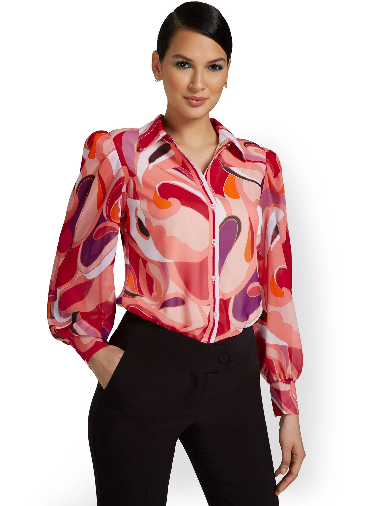 Abstract-Print Chiffon Button-Front Blouse