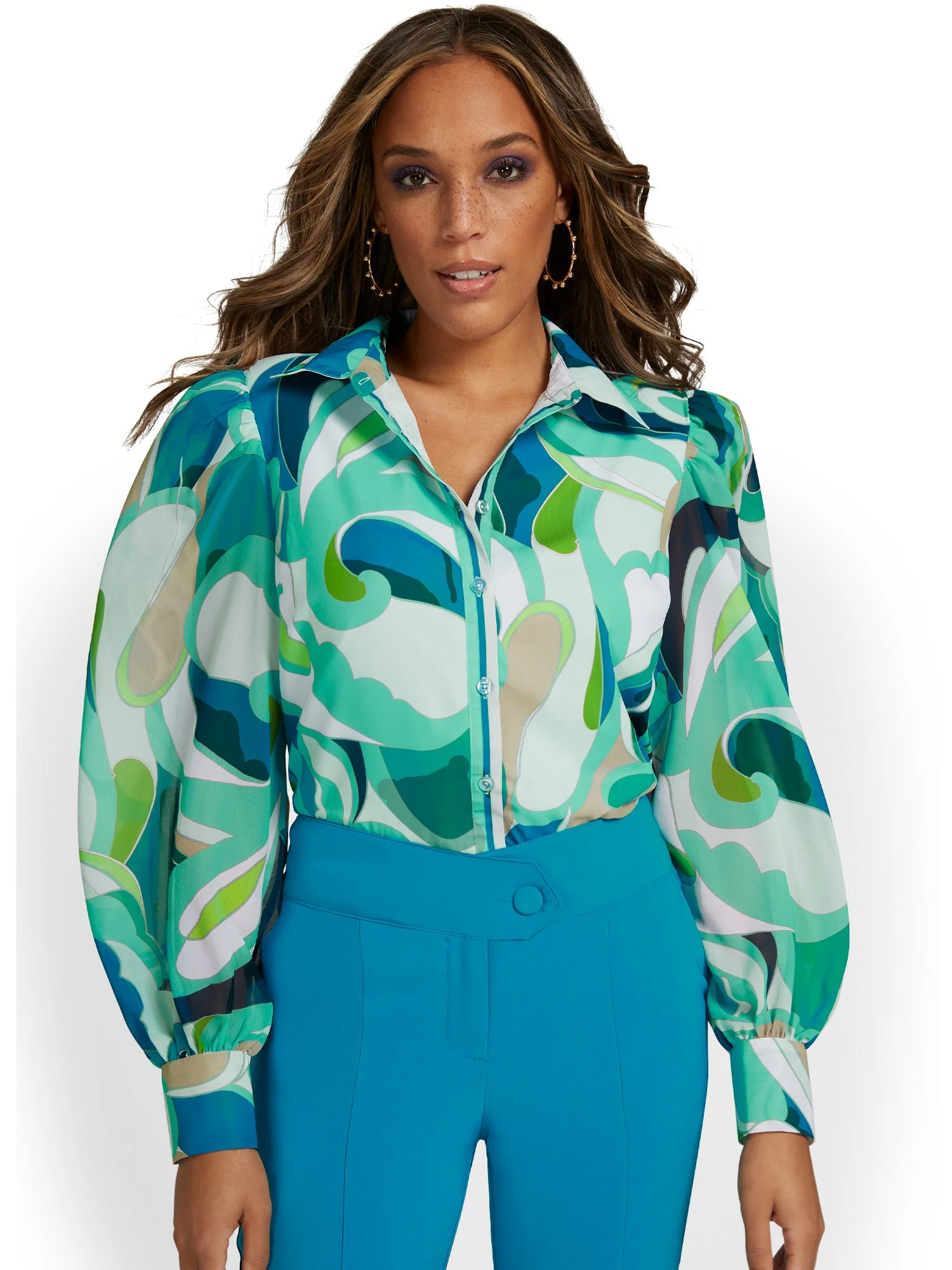 Abstract-Print Chiffon Button-Front Blouse - Image 5