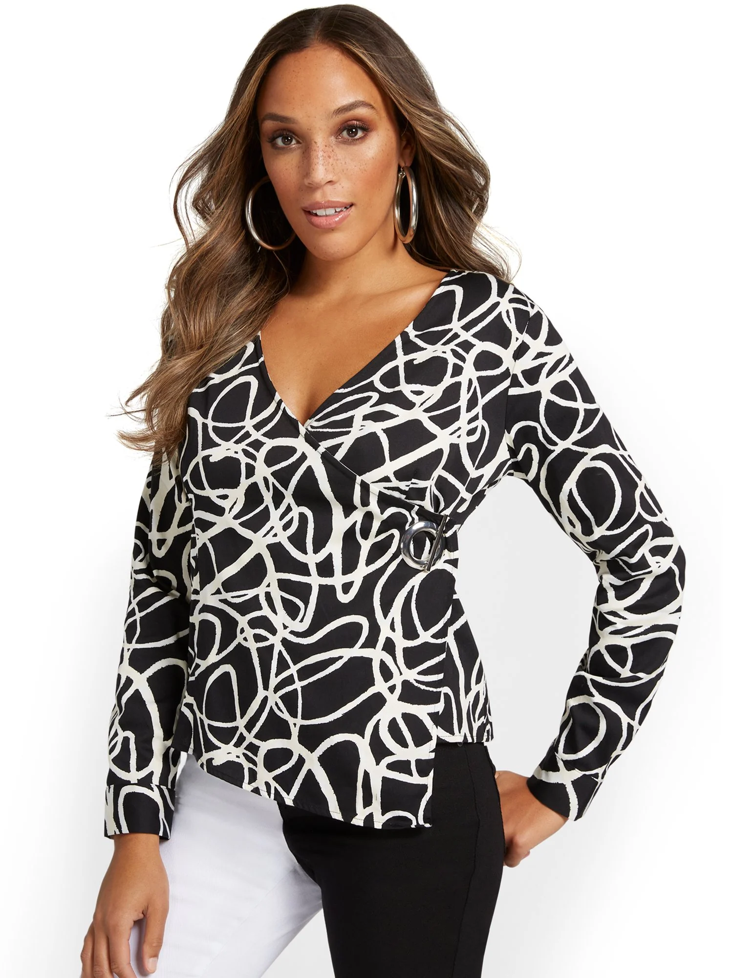 Abstract-Print Grommet-Detail Poplin Top - Image 2