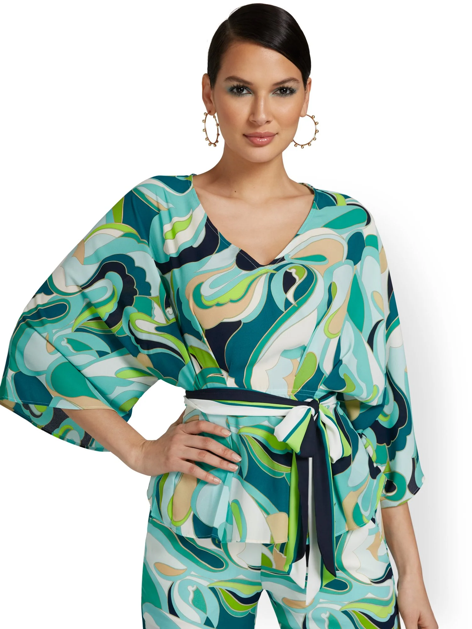 Abstract-Print Kimono-Sleeve Blouse - Image 2