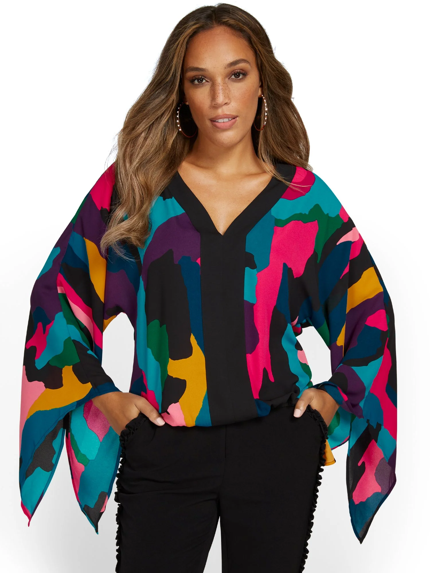Abstract-Print Kimono-Sleeve Blouse - Image 2