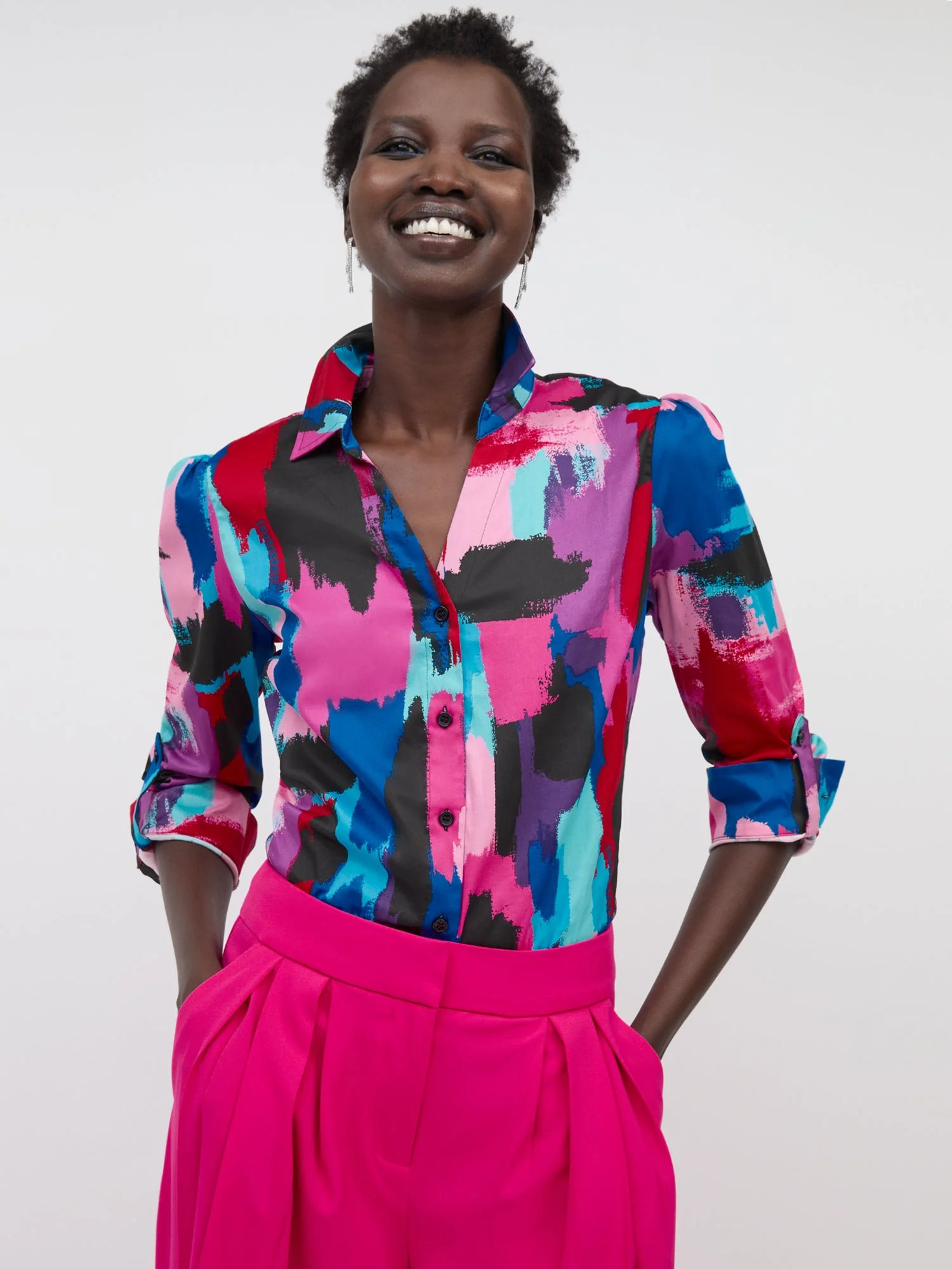 Abstract-Print Puff-Sleeve Button-Front Secret Snap - NY&C Madison Shirt®