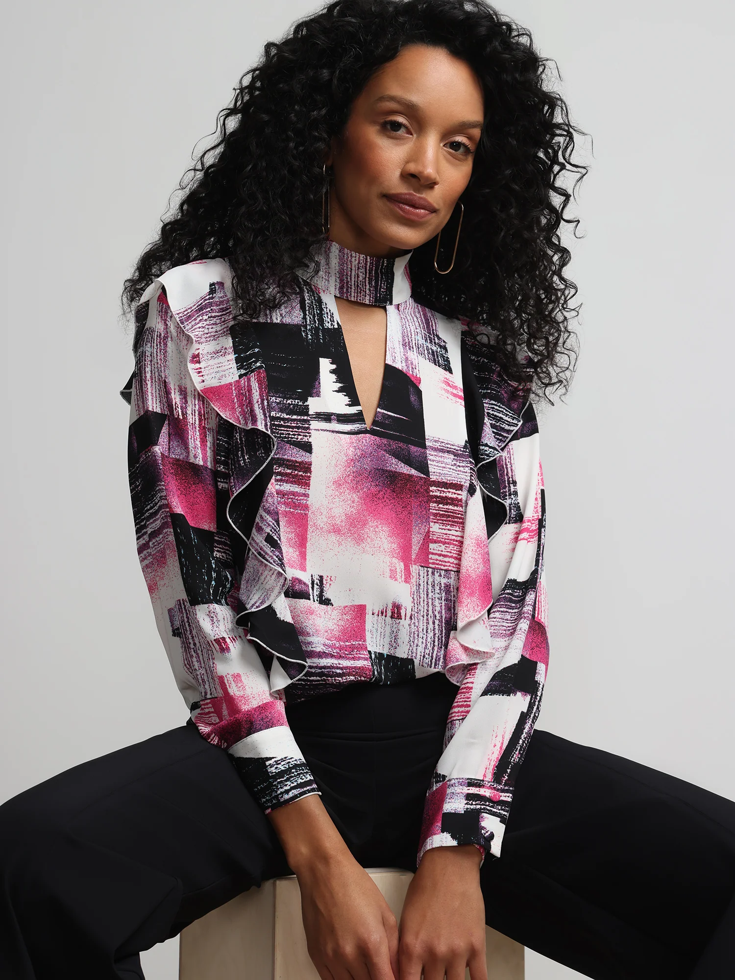 Abstract-Print Ruffle Cut-Out Blouse