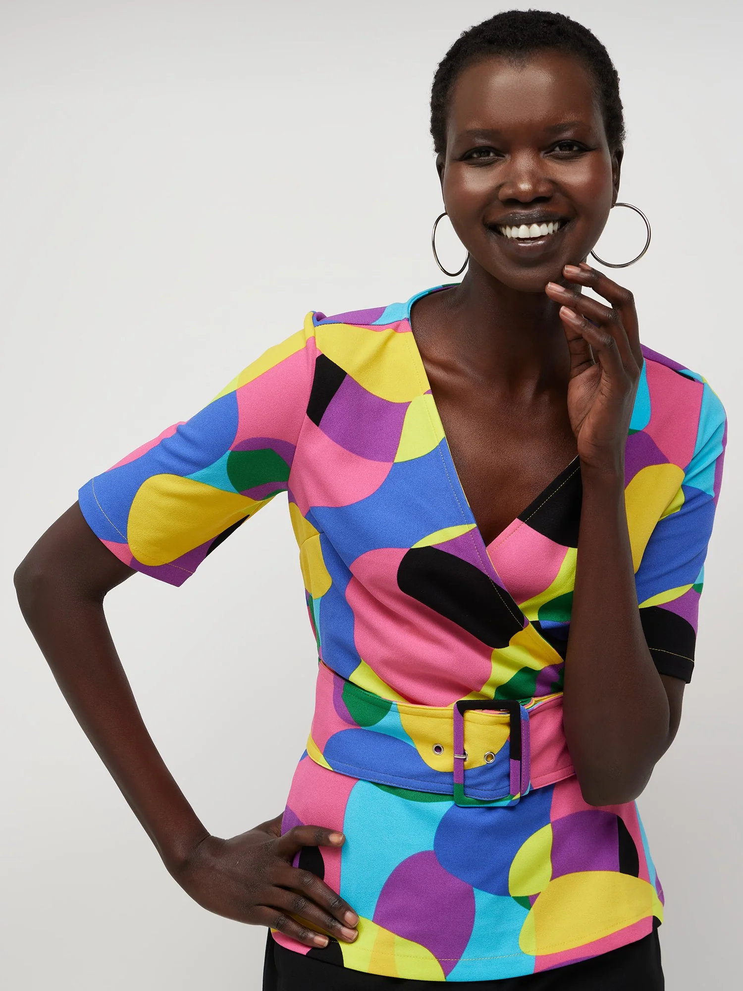 Abstract-Print V-Neck Belted Top - Magic Crepe® - Image 7