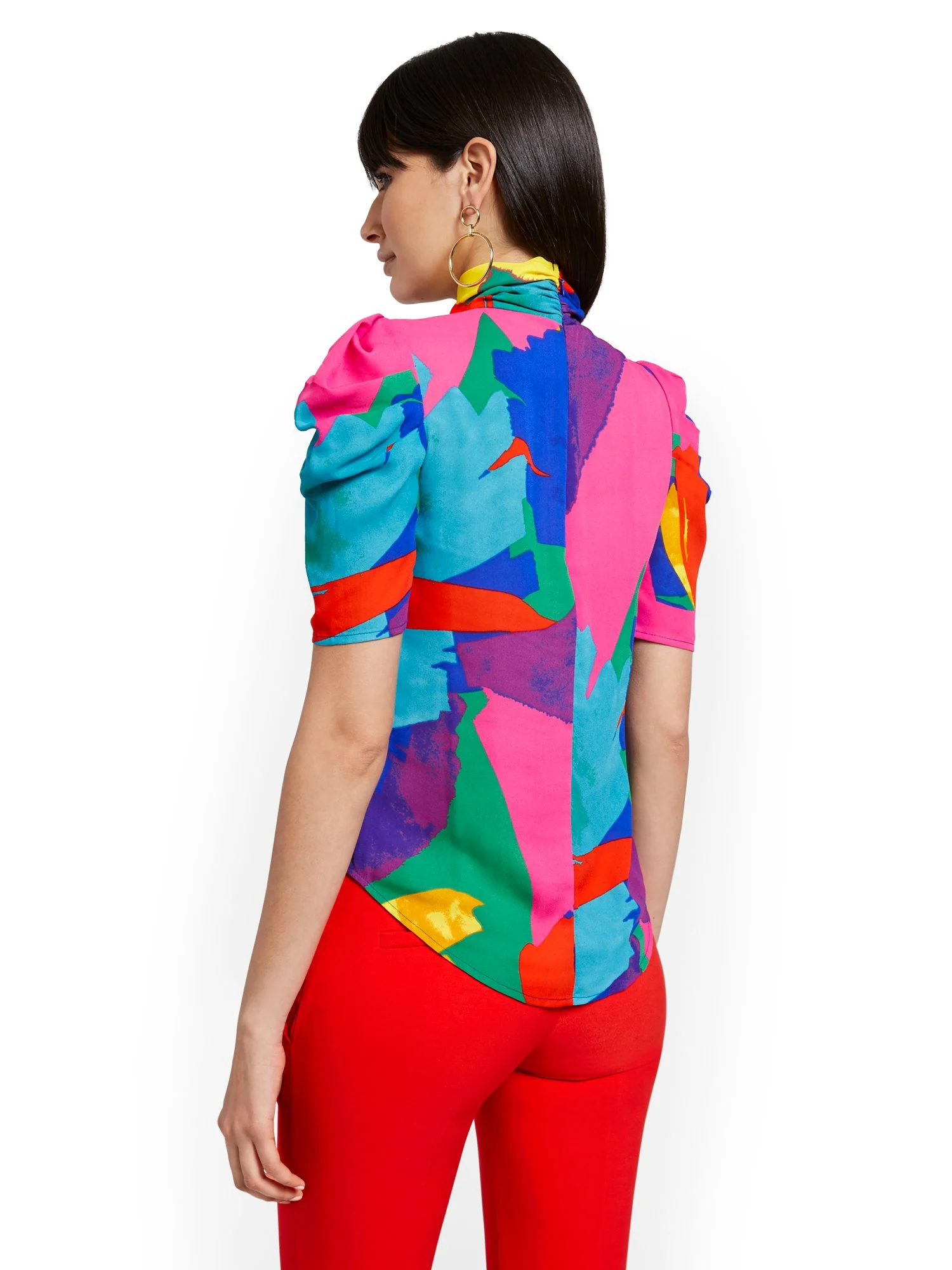 Abstract Puff-Sleeve Tie-Neck Blouse - Image 3