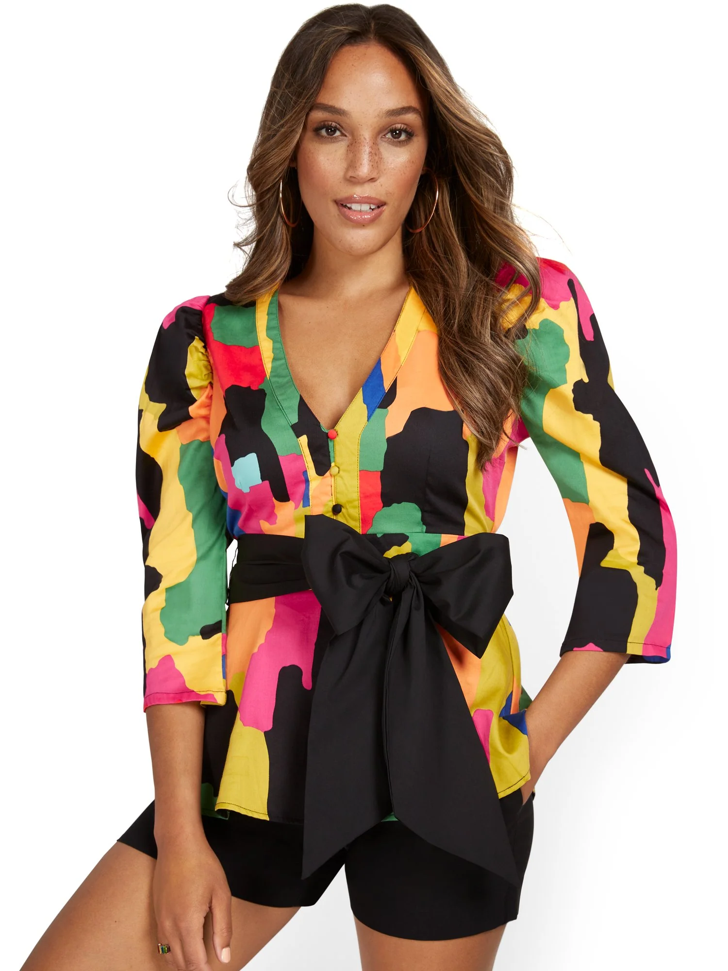 Abstract Shirred-Shoulder Bow-Front Shirt - Image 2