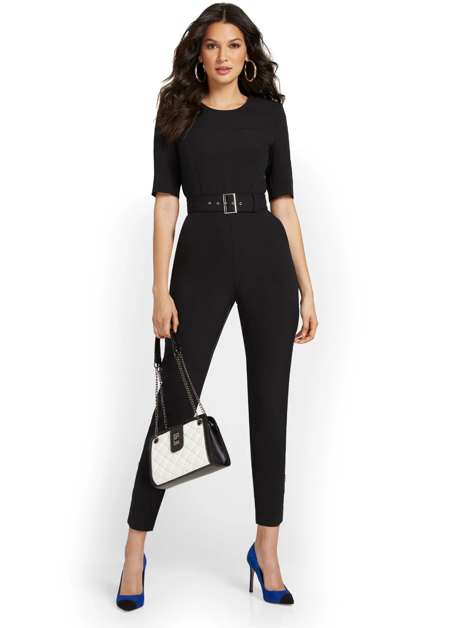 Ankle Button-Detail Belted Jumpsuit