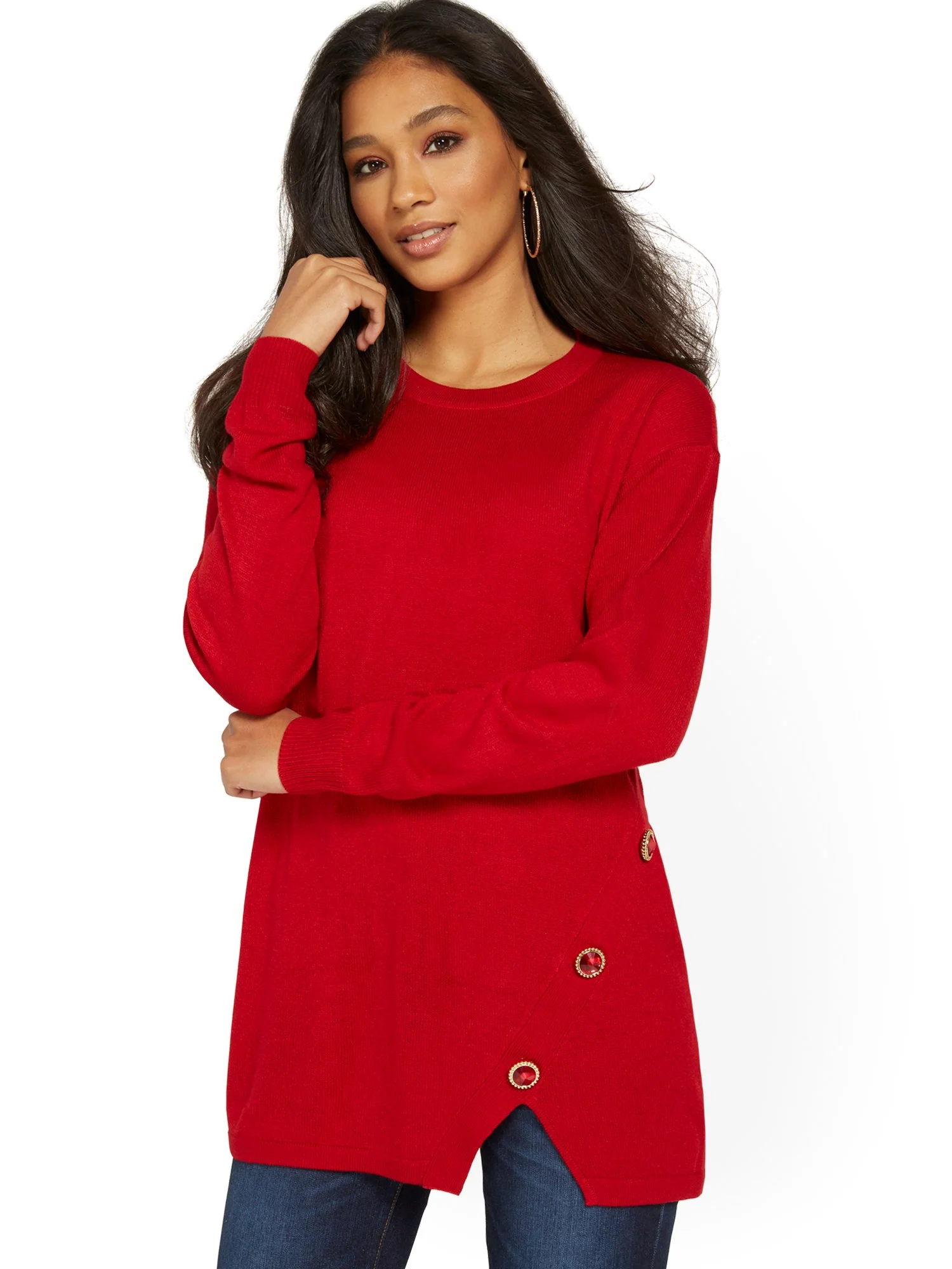Asymmetric Jewel-Embellished Tunic Sweater - Image 6