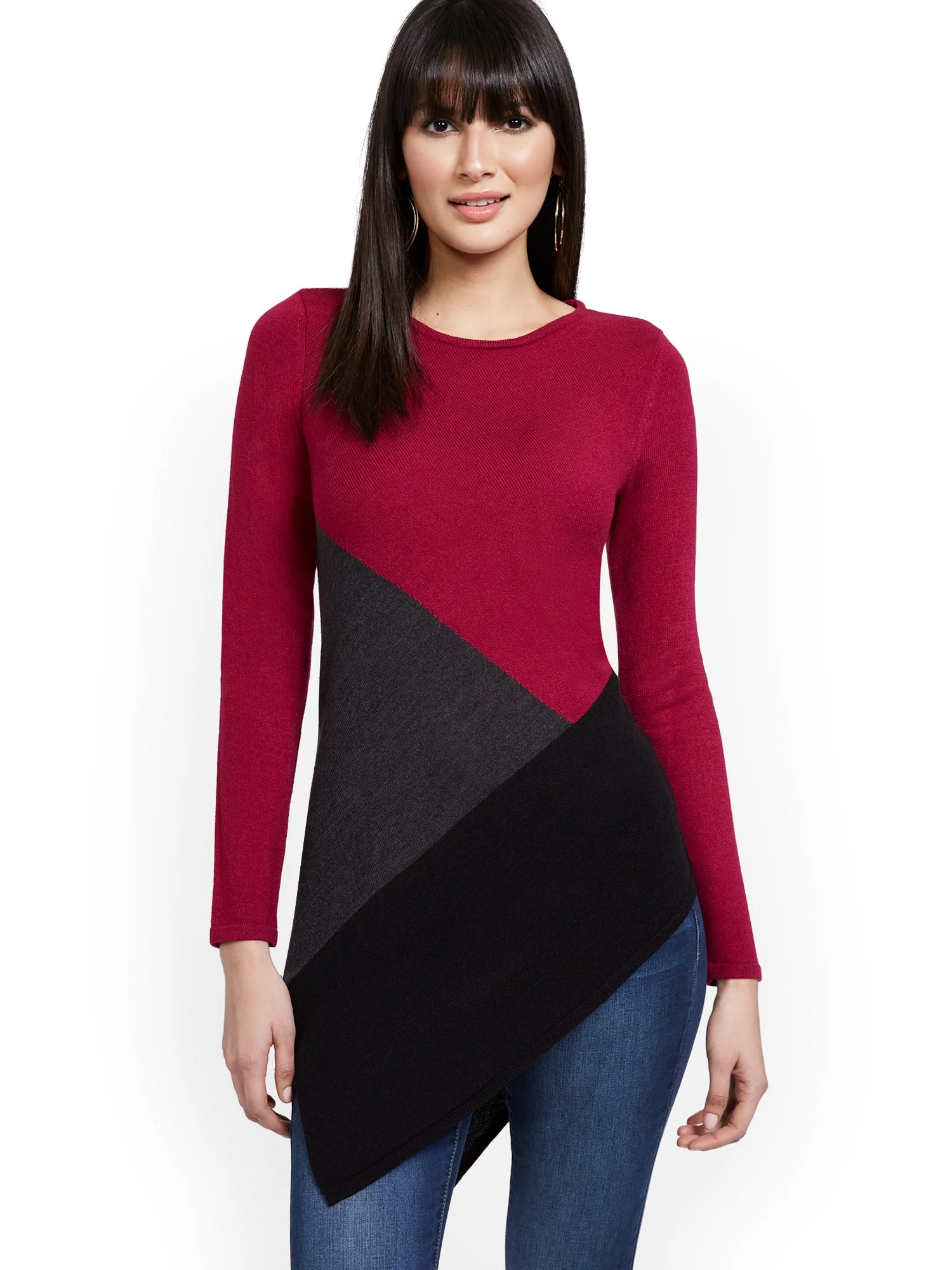 Asymmetrical Colorblock Tunic Sweater - Image 2
