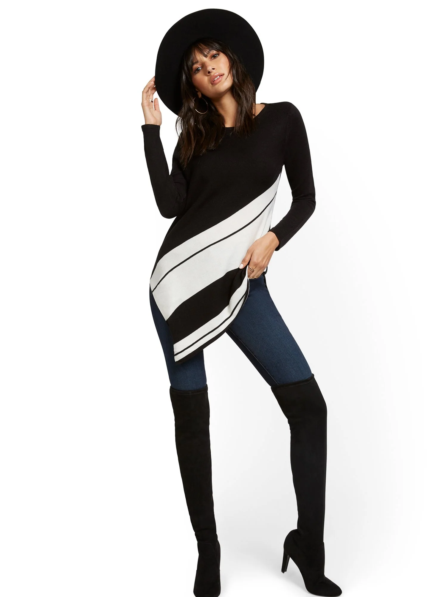 Asymmetrical Stripe Tunic Sweater - Image 2