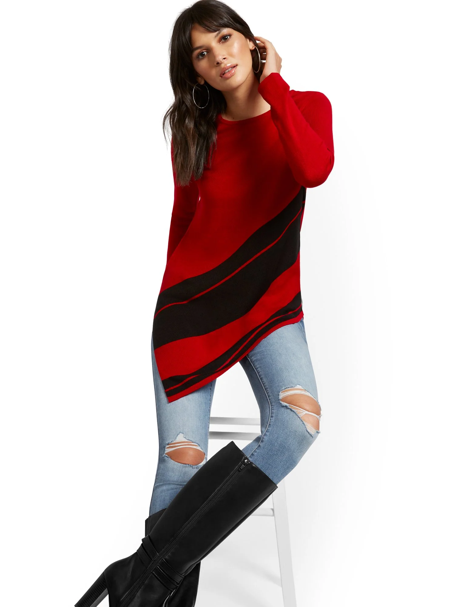 Asymmetrical Stripe Tunic Sweater - Image 8