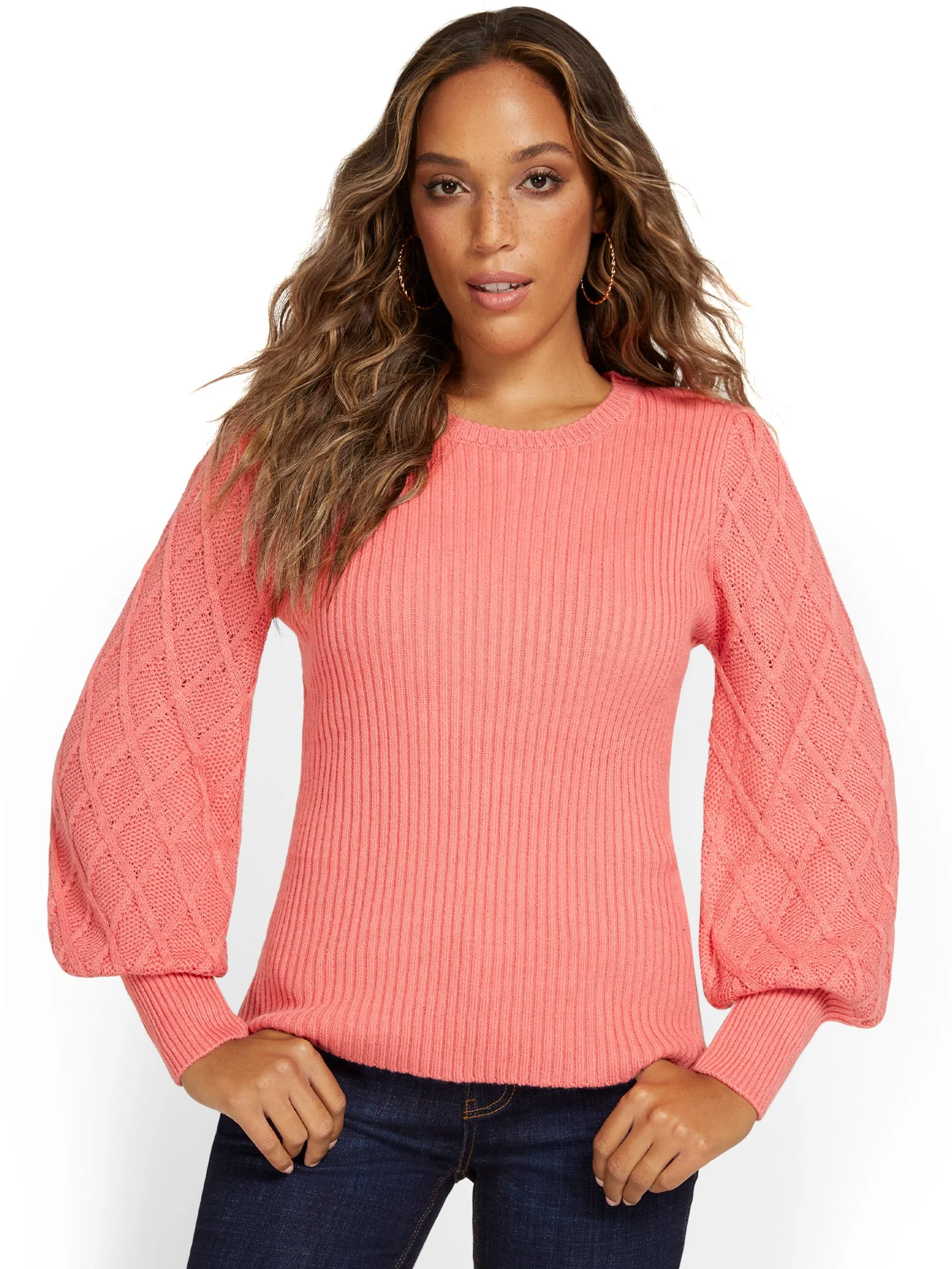 Balloon-Sleeve Cable-Knit Pullover Sweater - Image 15