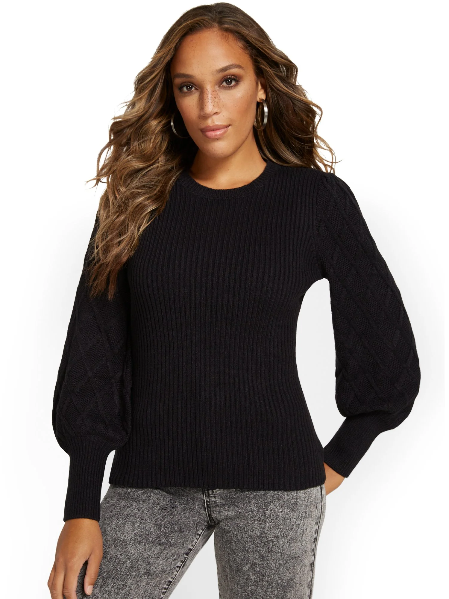 Balloon-Sleeve Cable-Knit Pullover Sweater - Image 2
