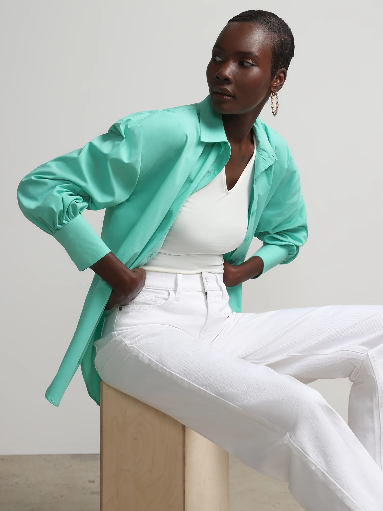 Balloon-Sleeve Oversized Boyfriend Poplin Shirt - Image 15