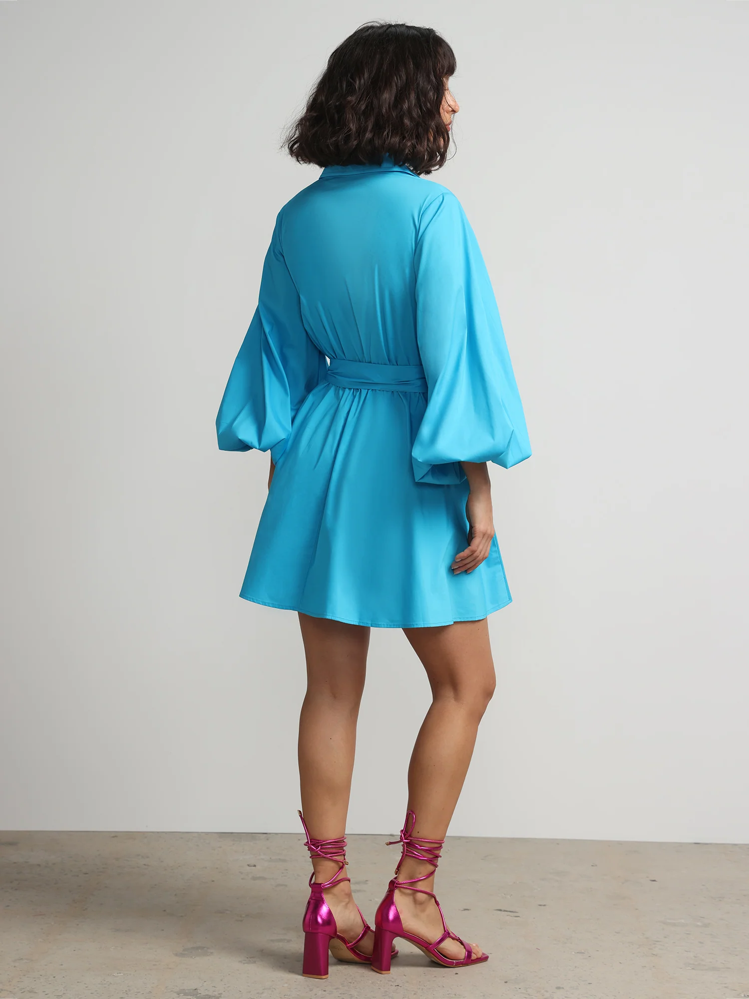 Balloon-Sleeve Waist-Tie Shirt Dress - Image 7