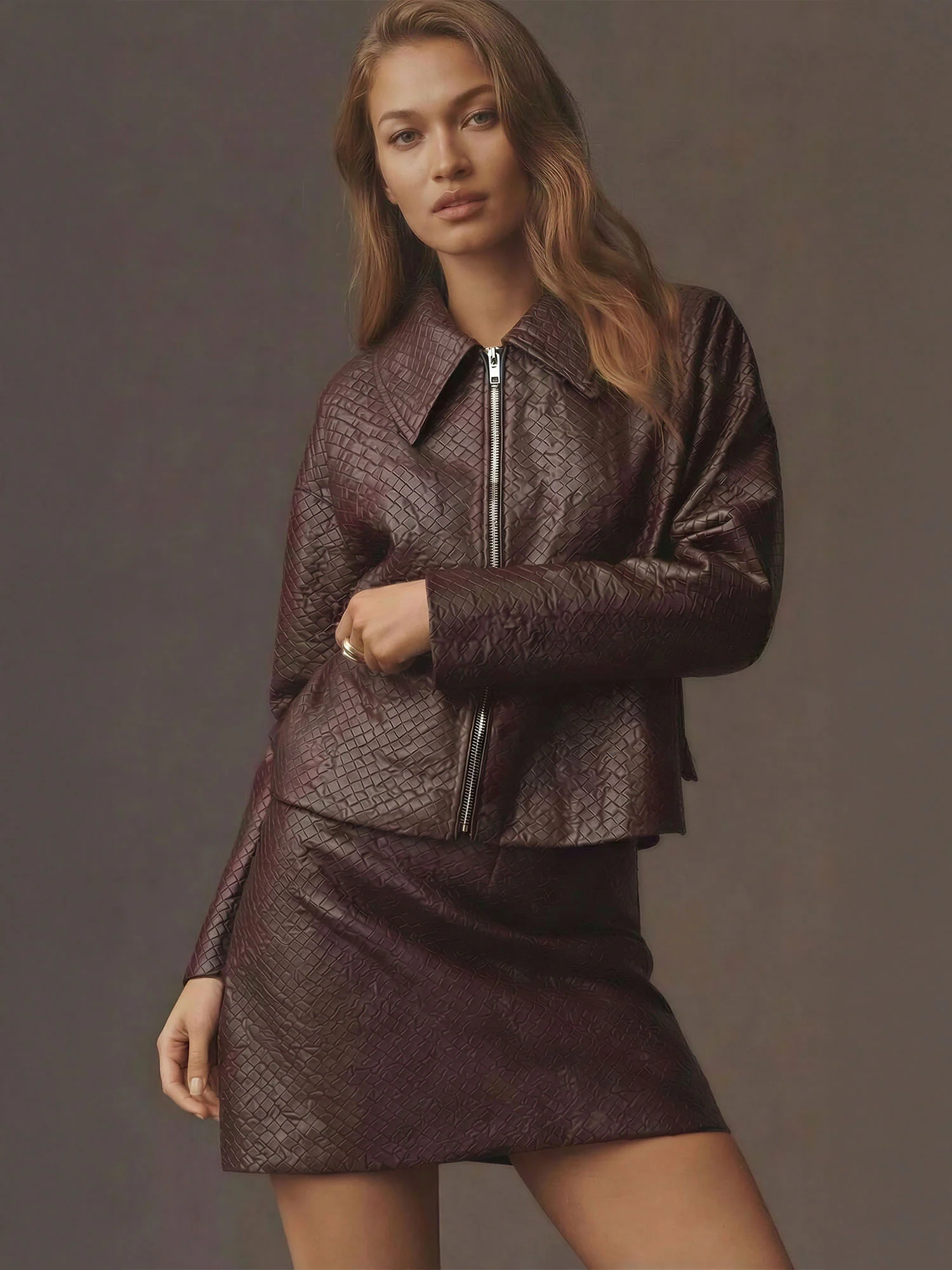 Basket Weave Faux Leather Collared Jacket - Image 5