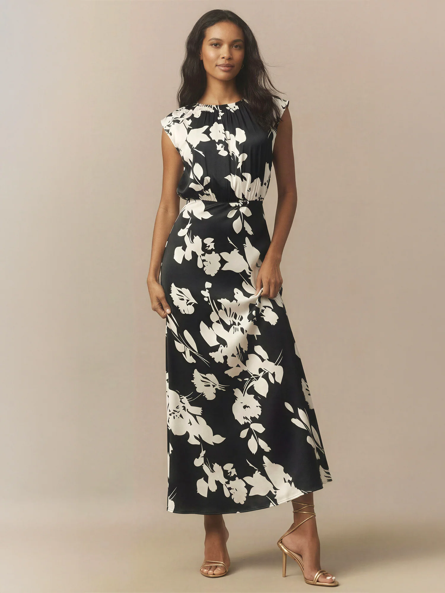 Black And White Floral Printed Satin Midi Dress