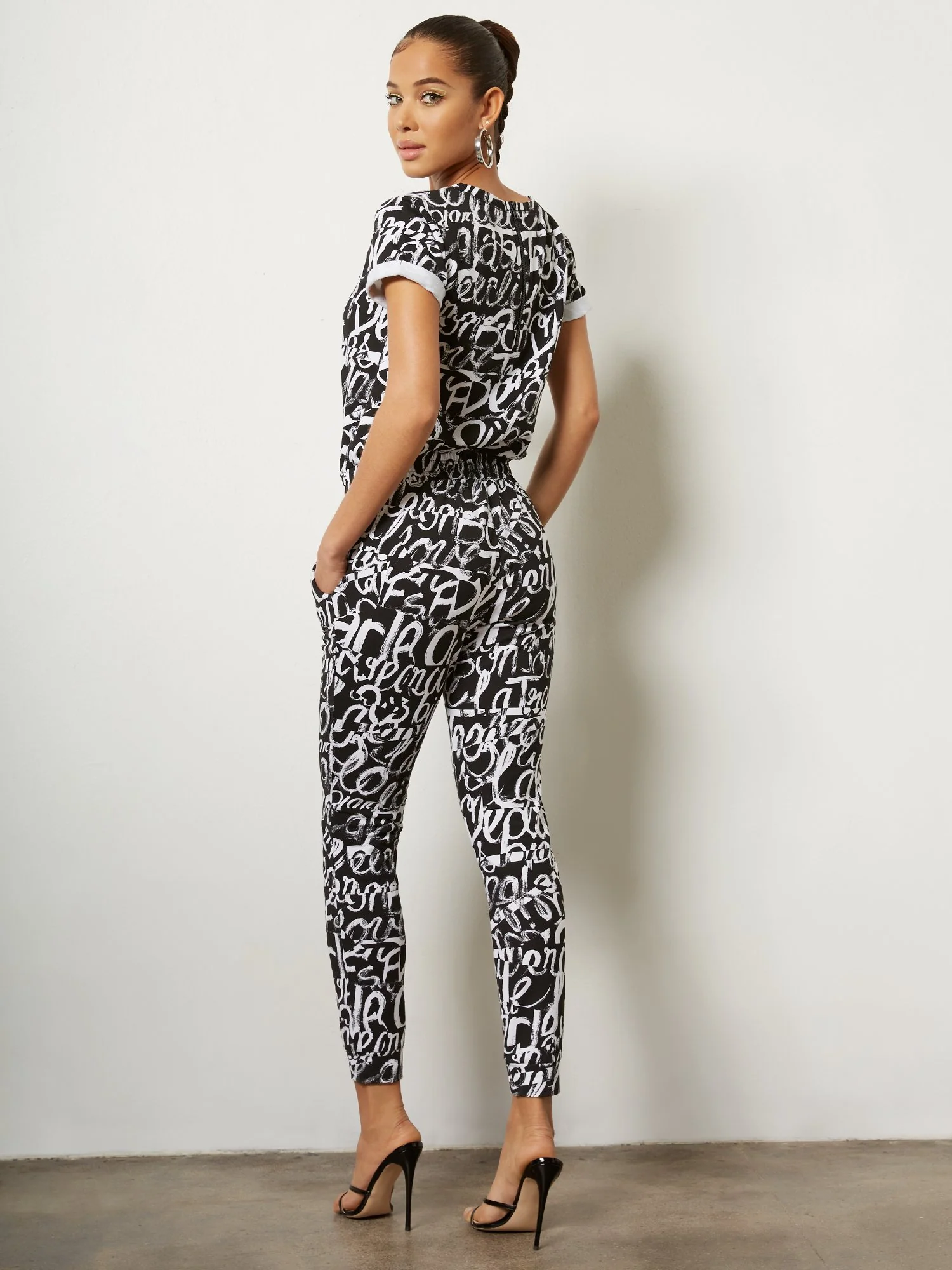 Black & White Scripted Short-Sleeve Jogger Jumpsuit - Image 3