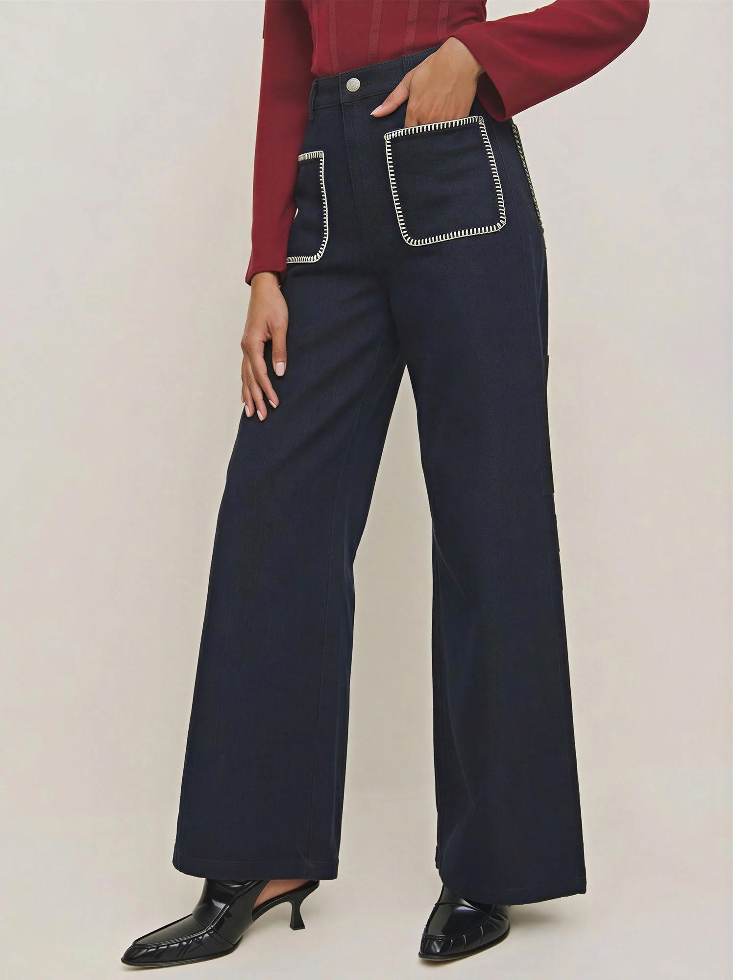 Blanket Stitch Bootcut Denim Jeans - Image 3