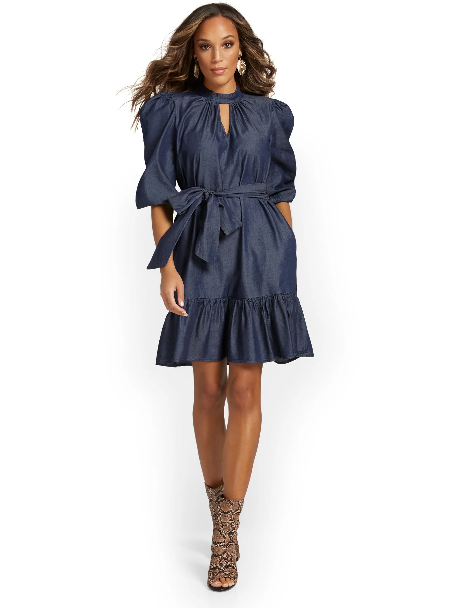 Bow-Detail Puff-Shoulder Tencel Shift Dress - Image 2
