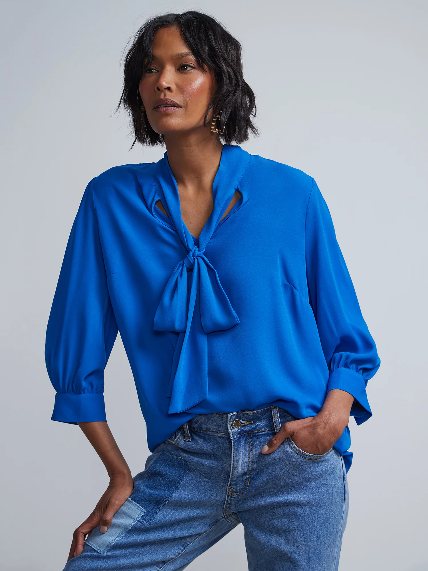Bow-Front Cuffed-Sleeve Blouse - Image 10