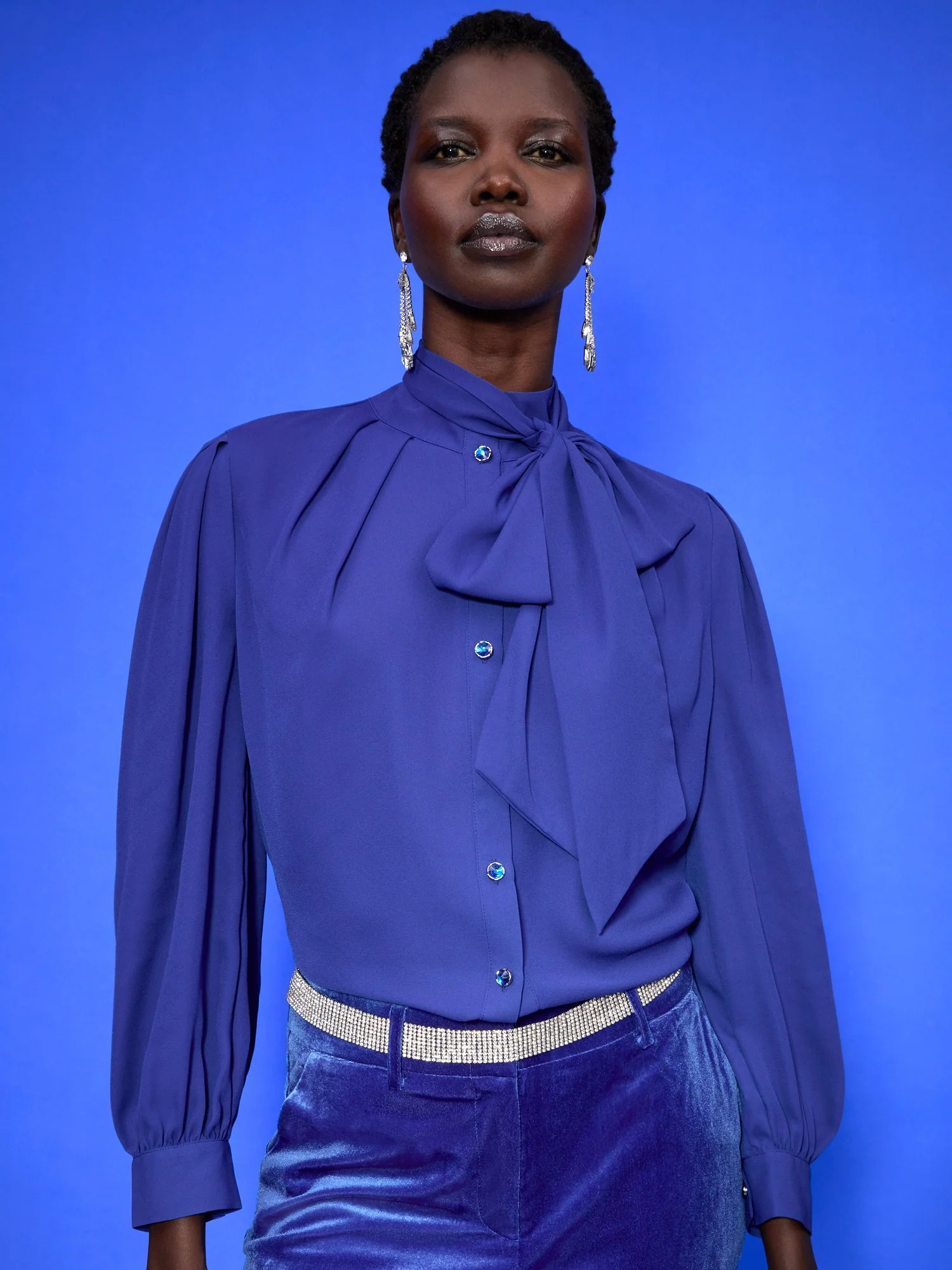 Bow-Neck Jewel-Button Blouse - Image 11