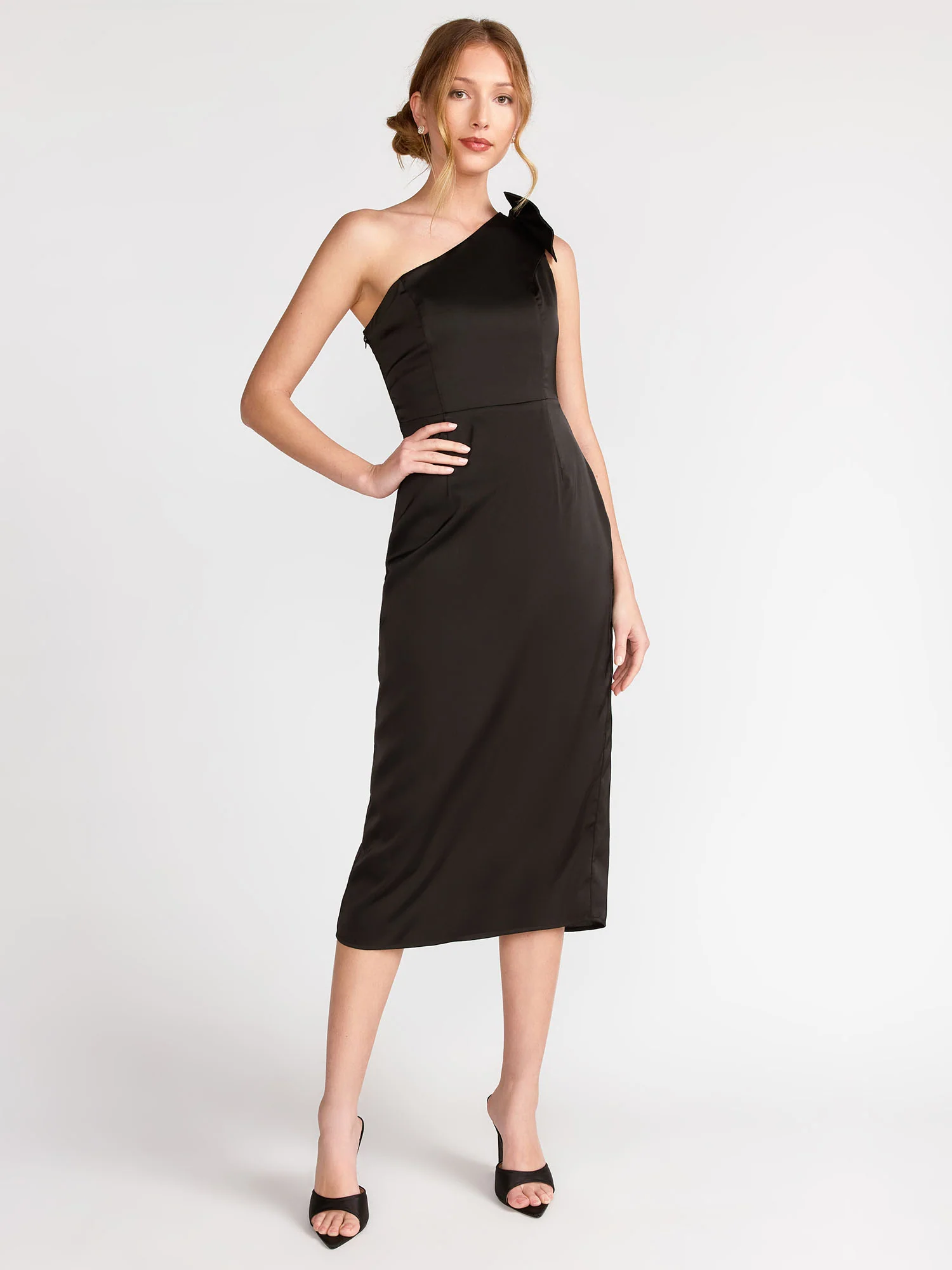 Bow One-Shoulder Satin Midi Dress - Lena