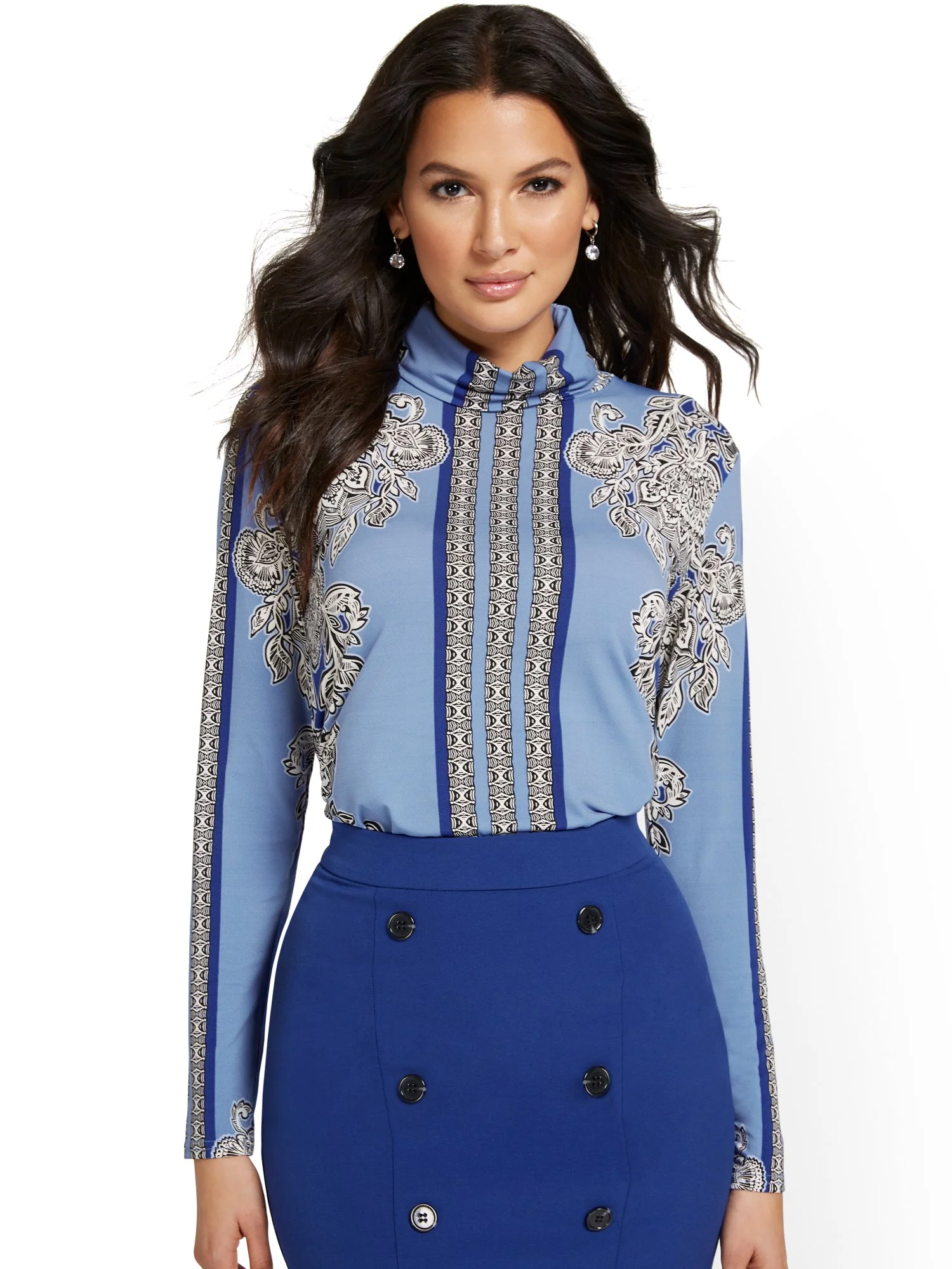 Brocade-Print Turtleneck Knit Top - Image 2