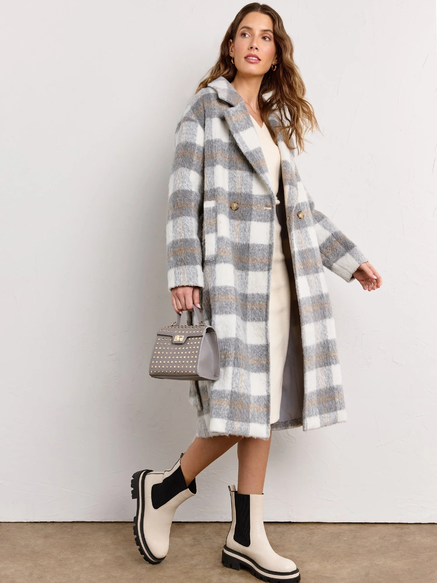 Brushed Plaid Double Breasted Trench Coat - Endless Blu - Image 4