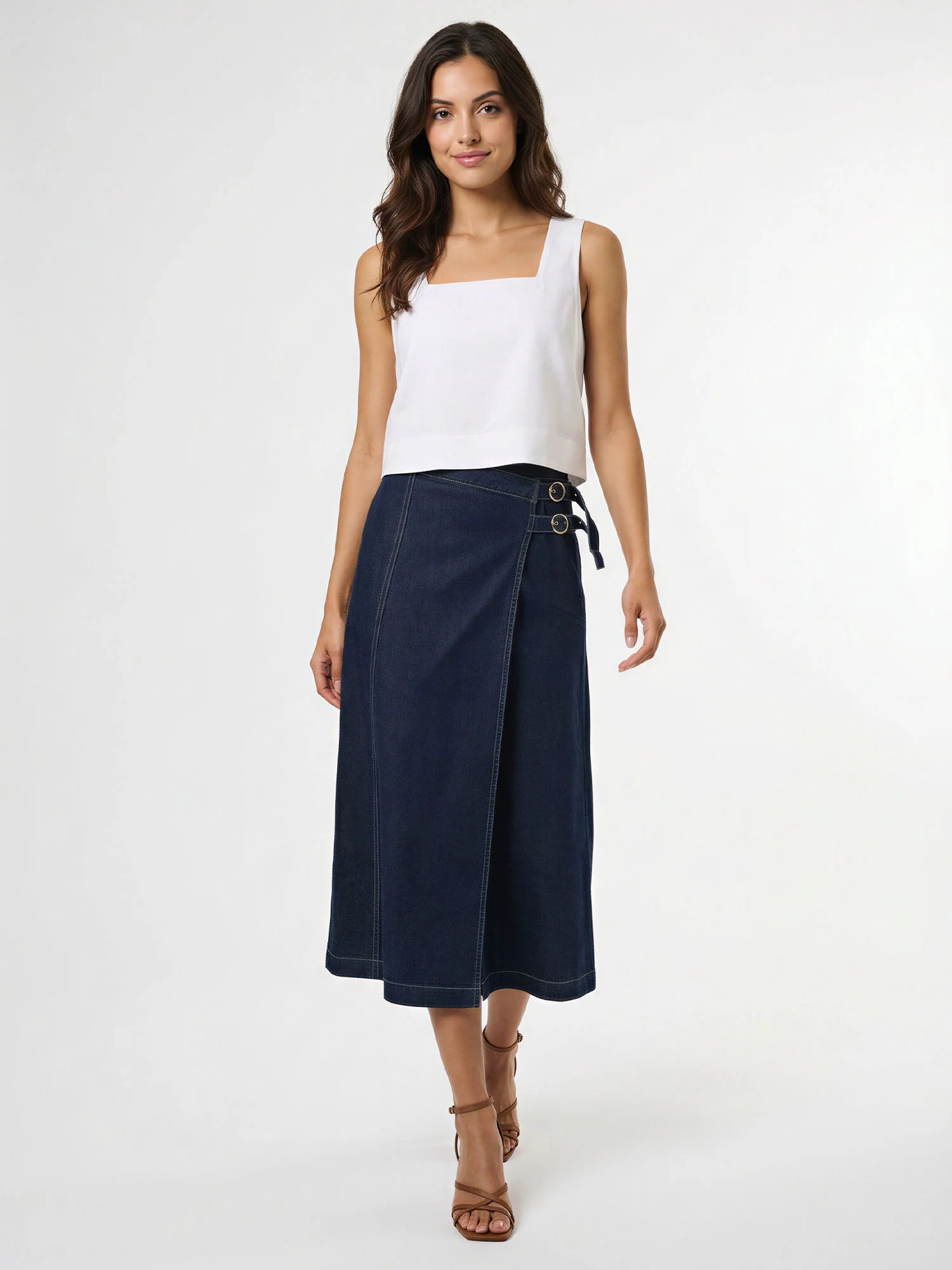 Buckle A Line Denim Midi Skirt - Image 3