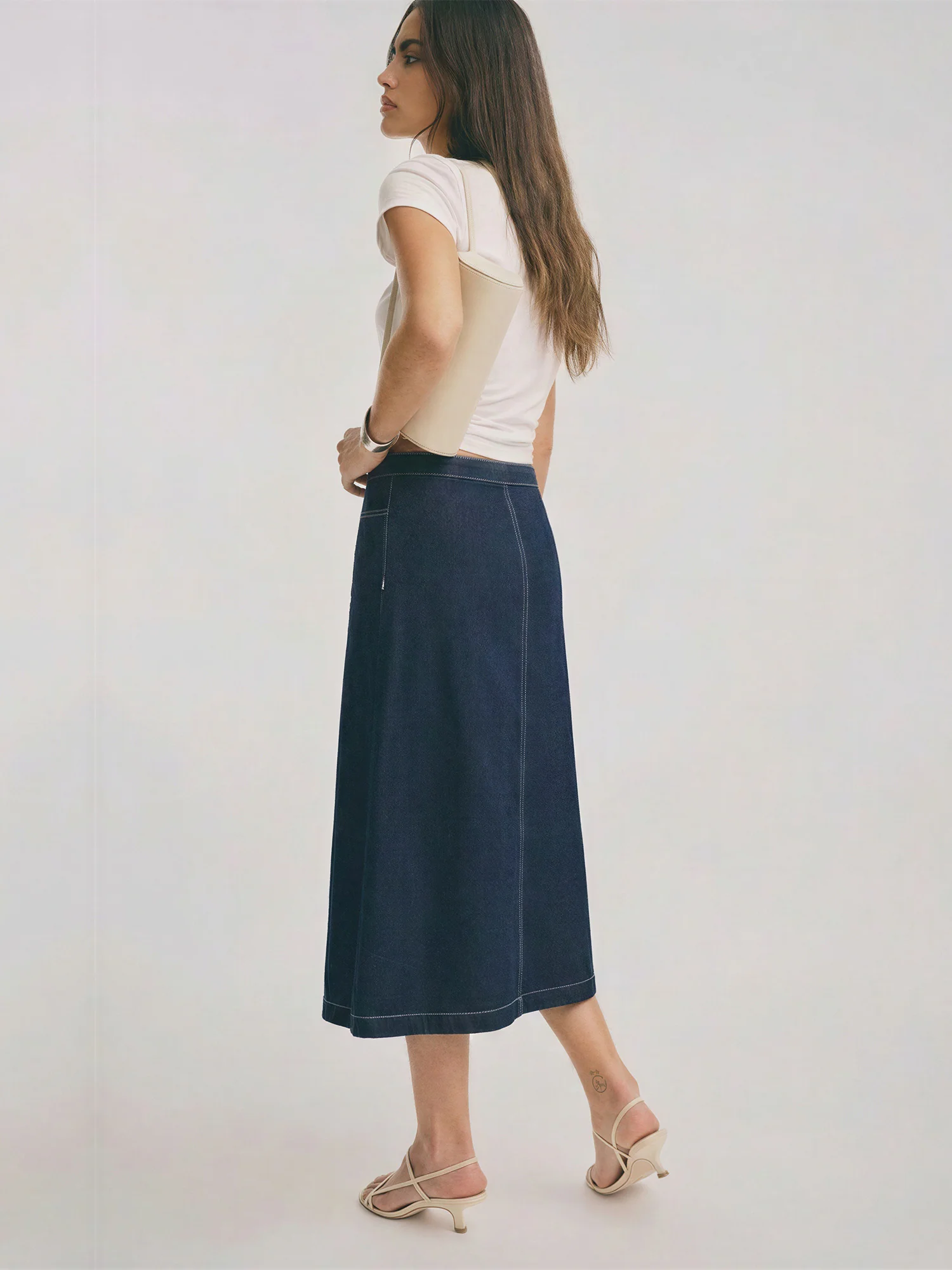 Buckle A Line Denim Midi Skirt - Image 5