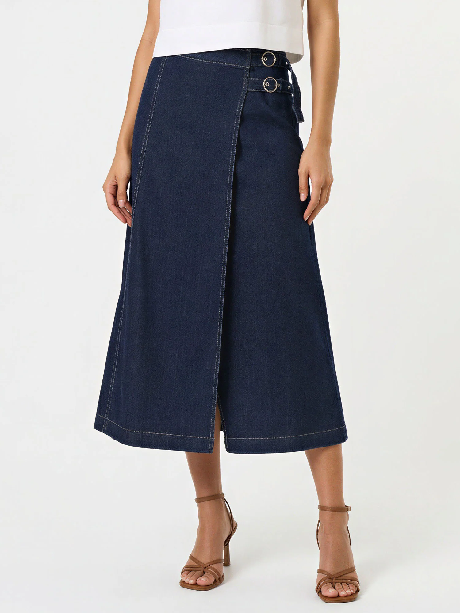 Buckle A Line Denim Midi Skirt - Image 8