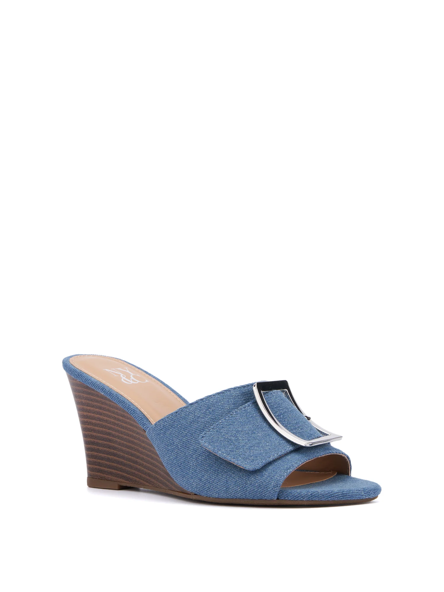 Buckle-Front Mule Wedge - Denim