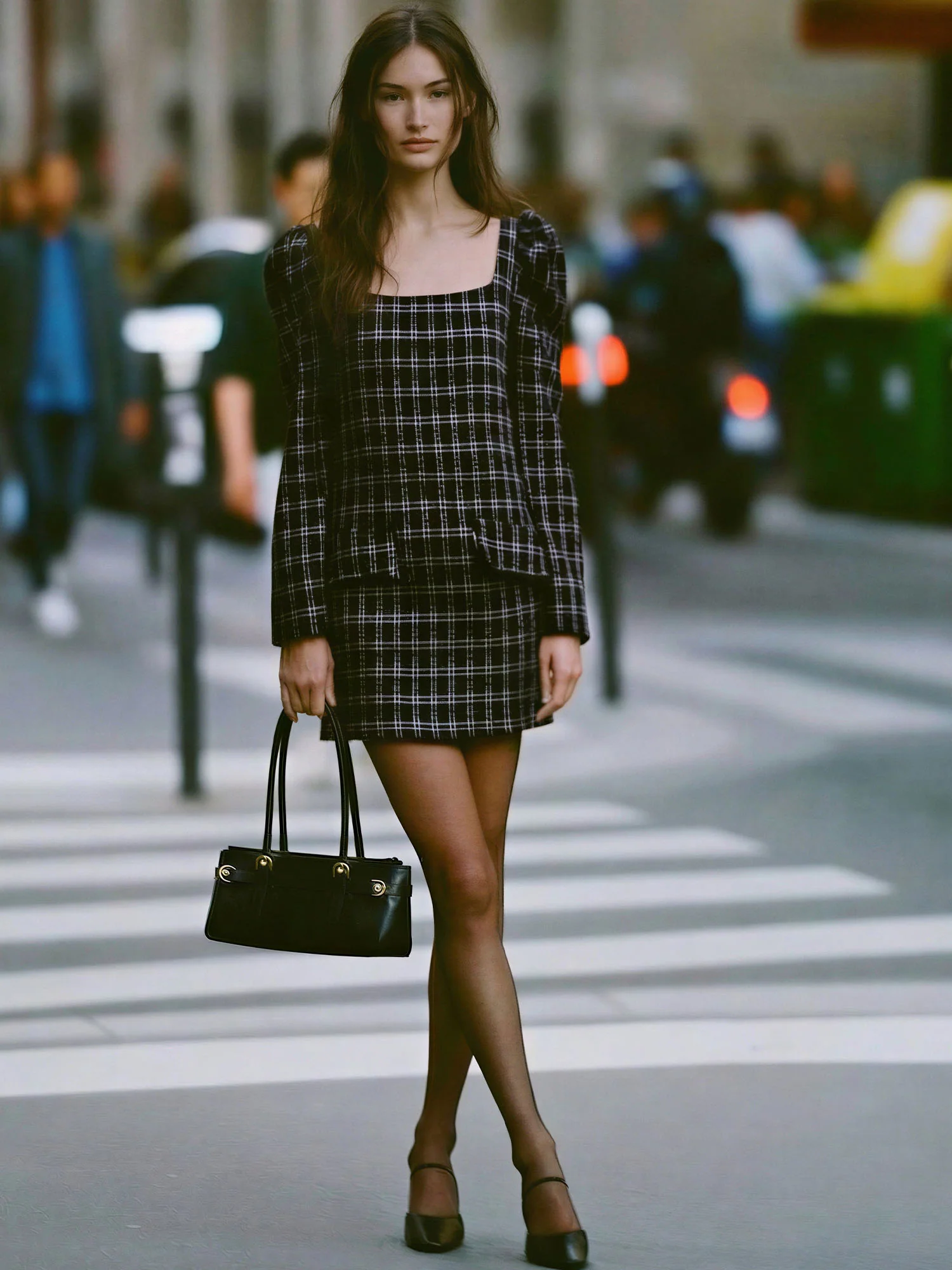 Boucle Square Neck Checkered Long Sleeve Mini Dress with Front Pockets