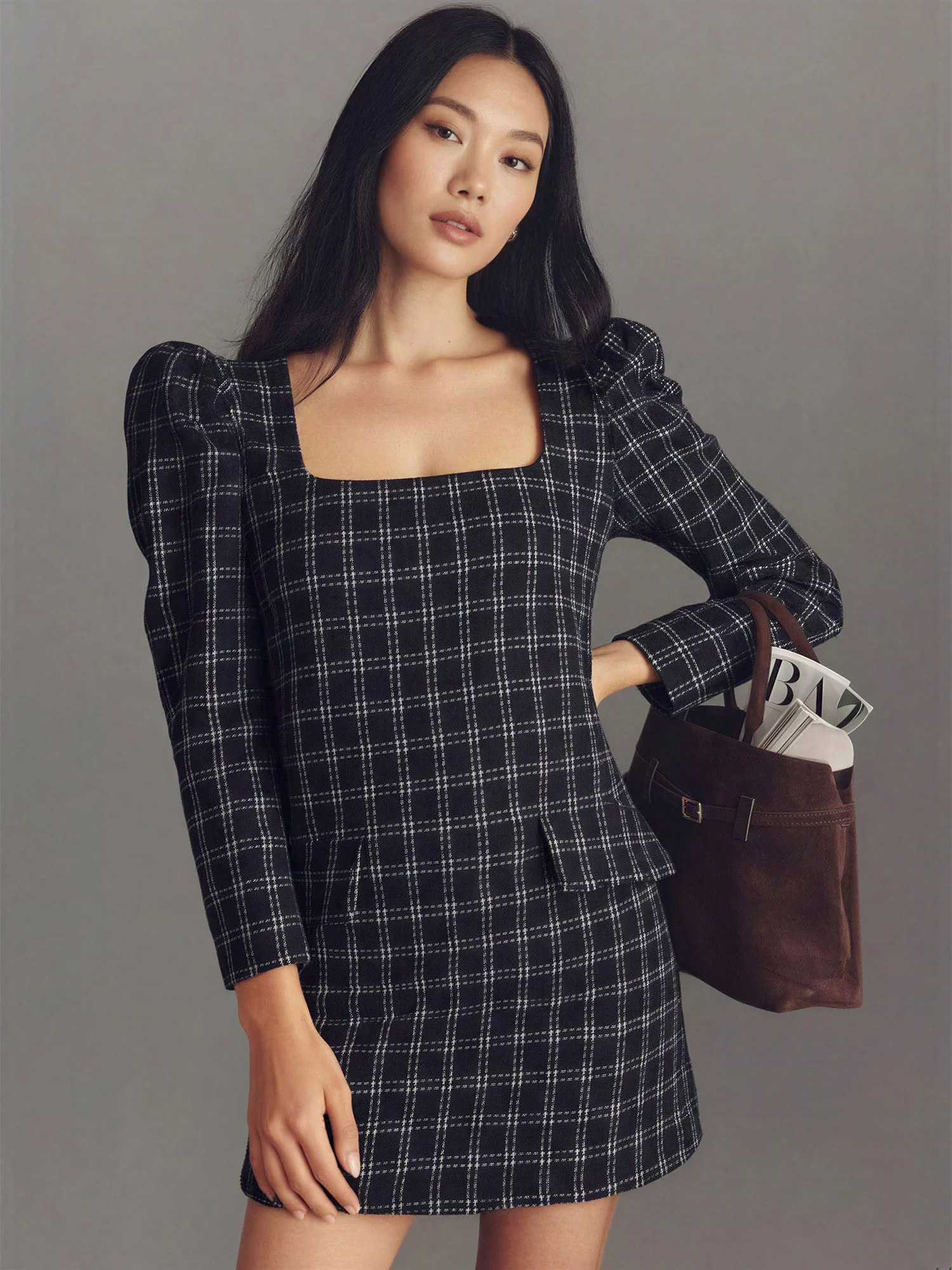 Boucle Square Neck Checkered Long Sleeve Mini Dress with Front Pockets - Image 2