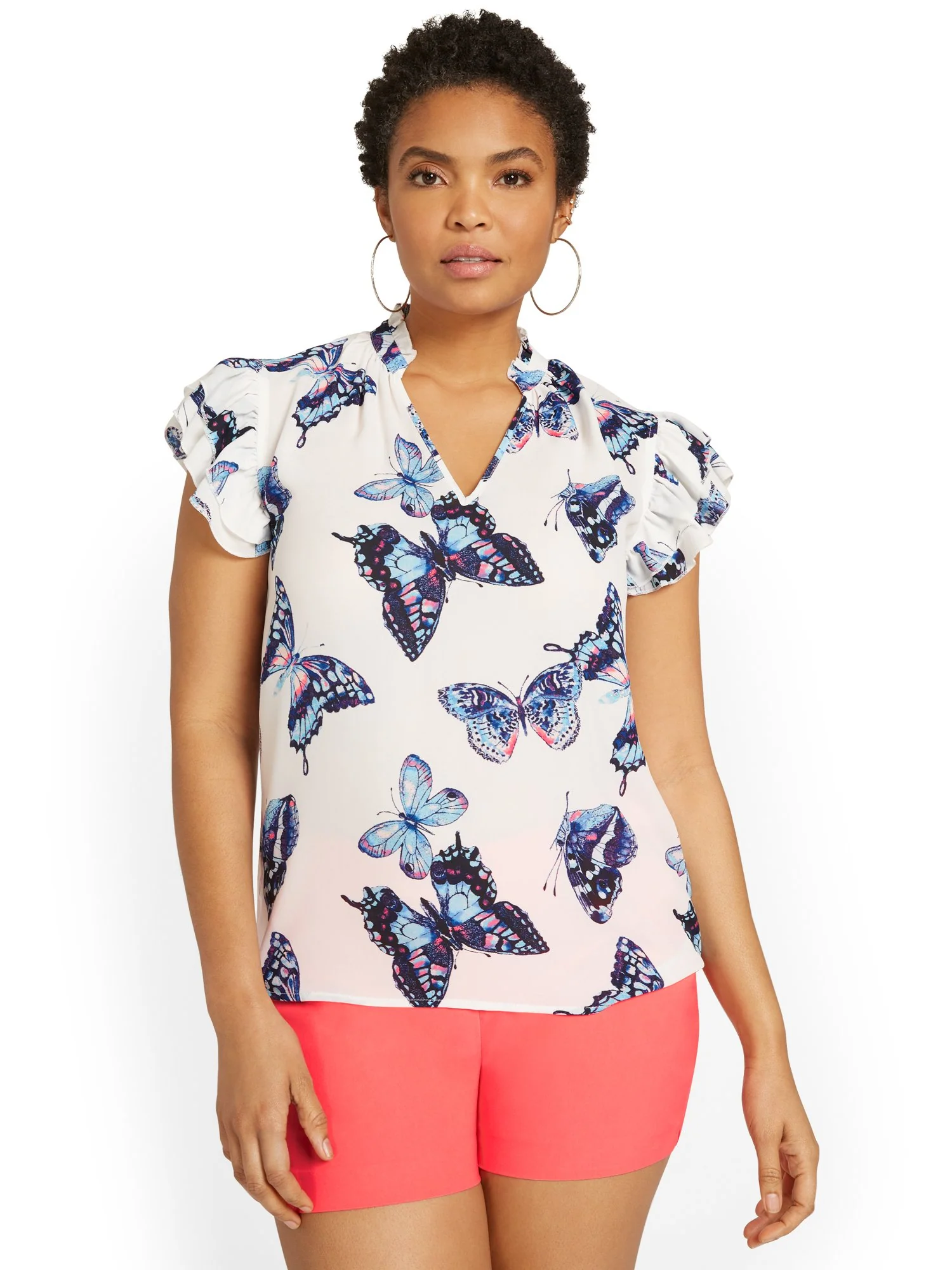 Butterfly-Print Flounce-Sleeve Top - Image 2