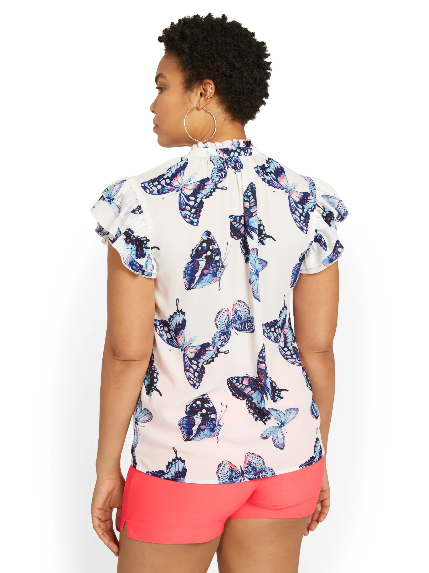 Butterfly-Print Flounce-Sleeve Top - Image 3