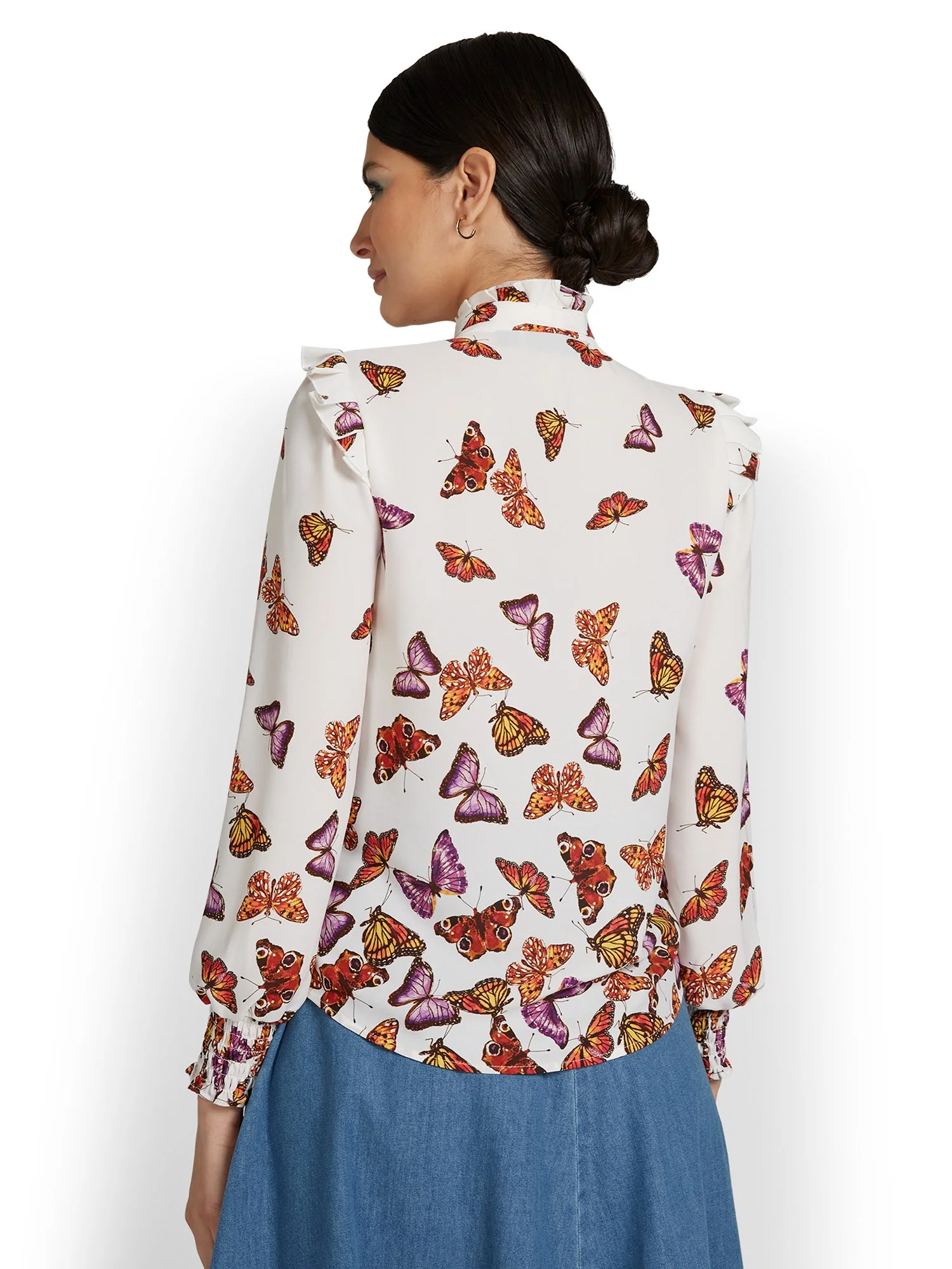 Butterfly-Print Long-Sleeve Bow-Neck Blouse - Image 3
