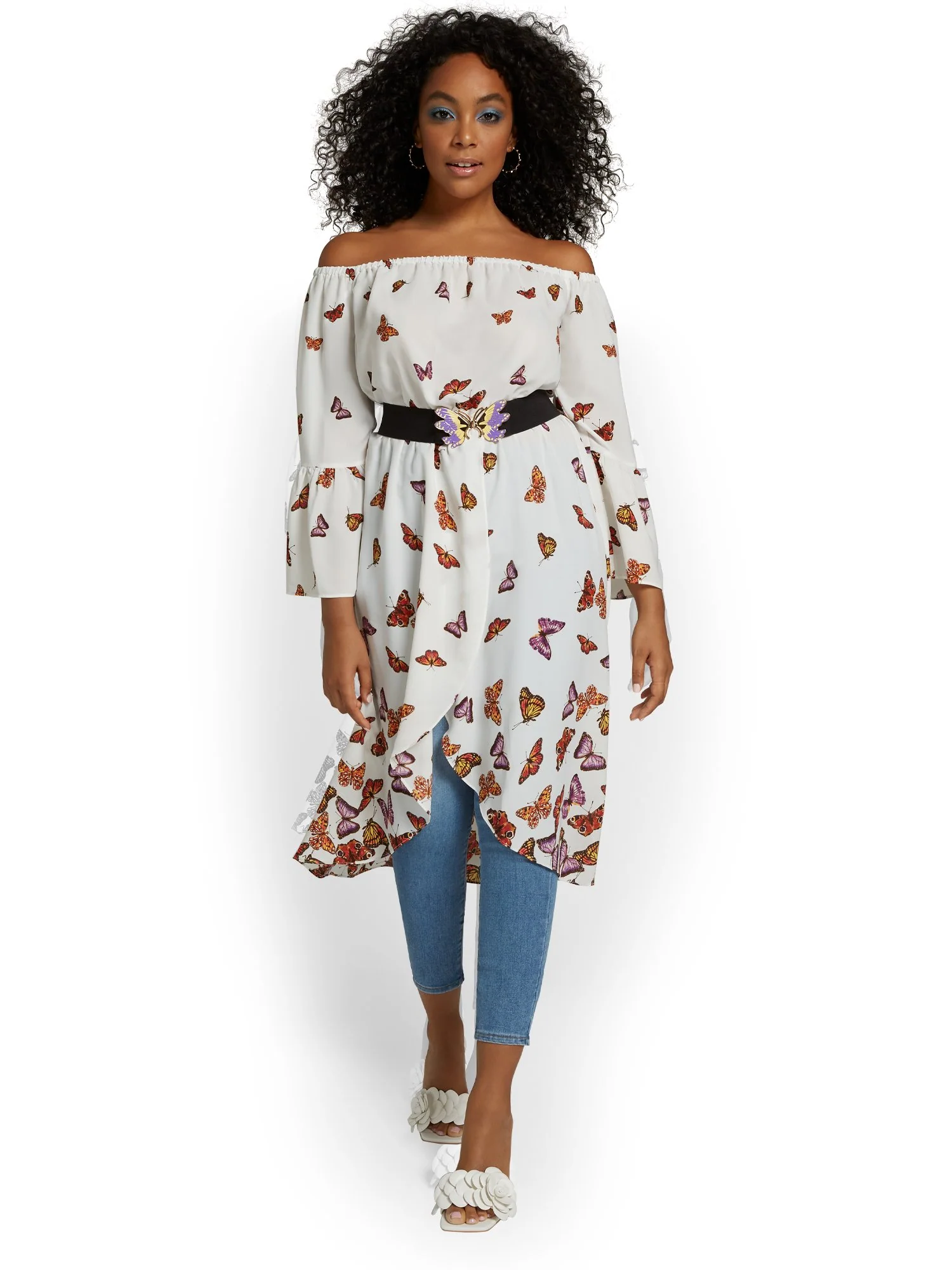 Butterfly-Print Off-The-Shoulder Maxi Blouse