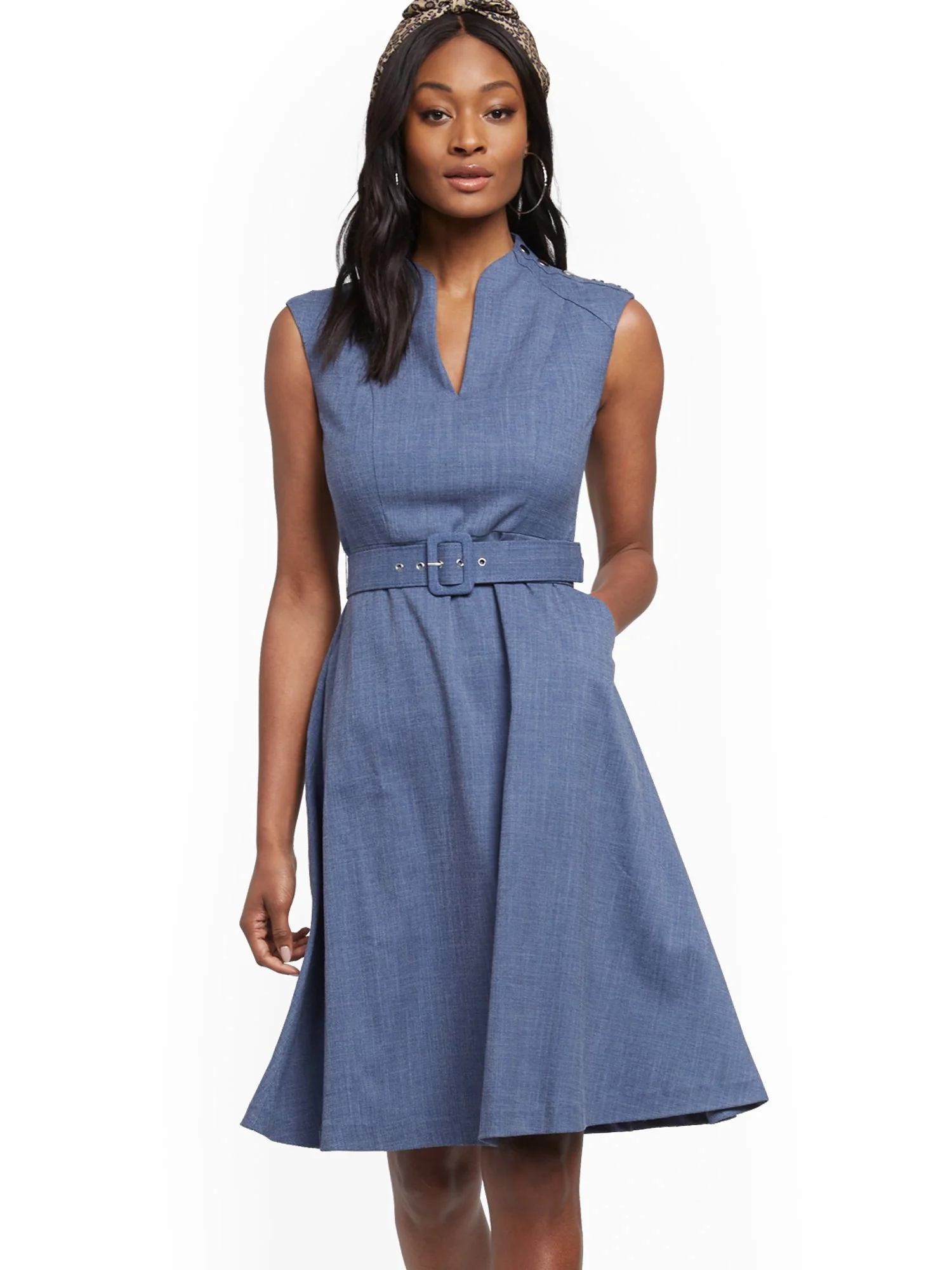 Button-Accent Belted Fit and Flare Dress - Image 2