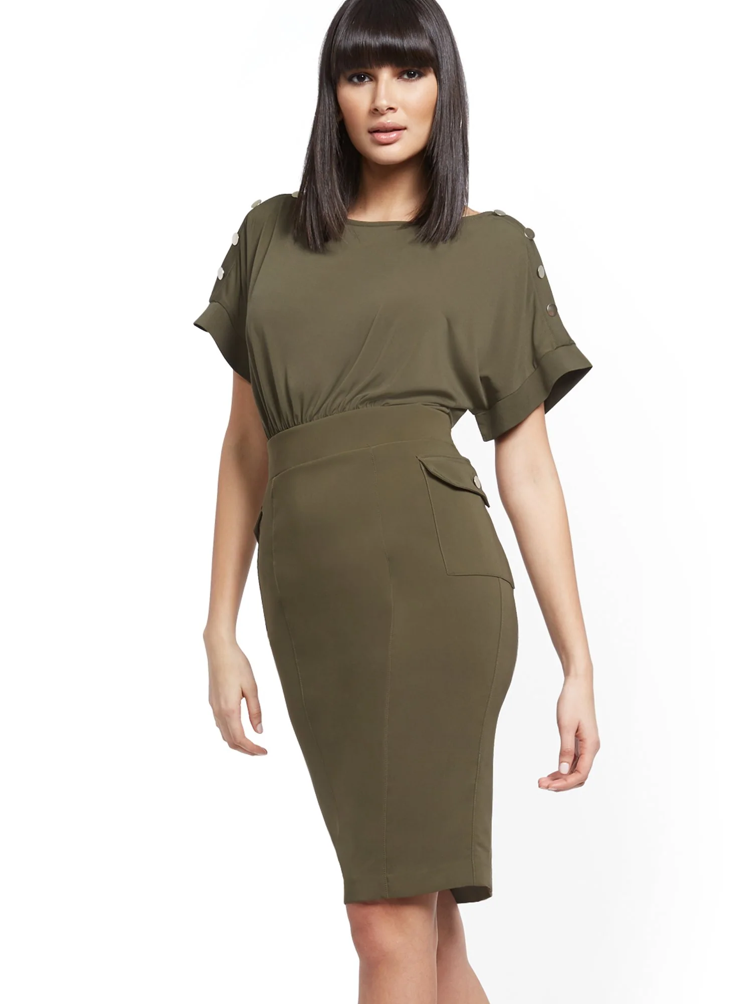 Button-Accent Cargo-Pocket Sheath Dress - Image 2