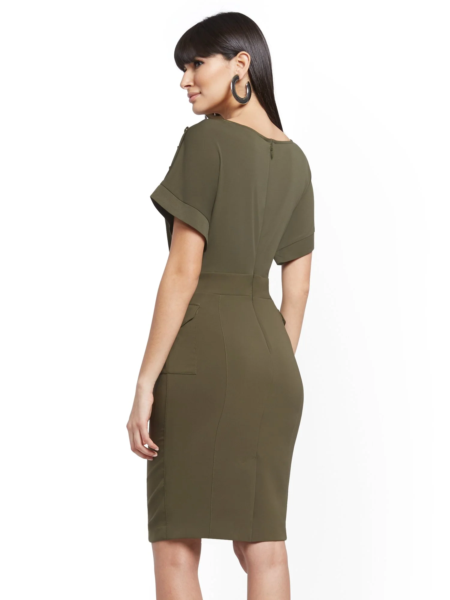 Button-Accent Cargo-Pocket Sheath Dress - Image 3
