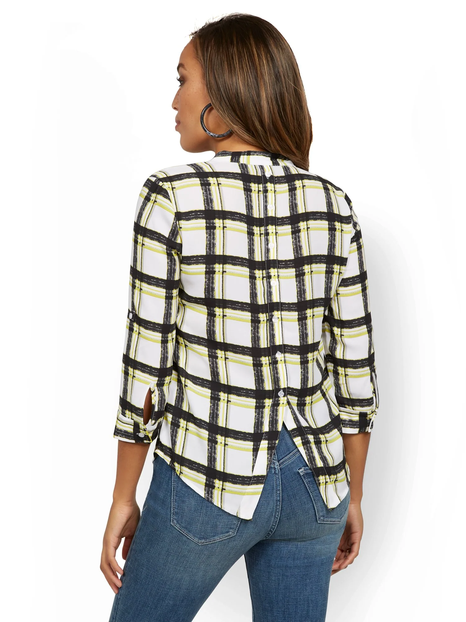 Button-Back Tab-Sleeve Plaid Top - Image 3